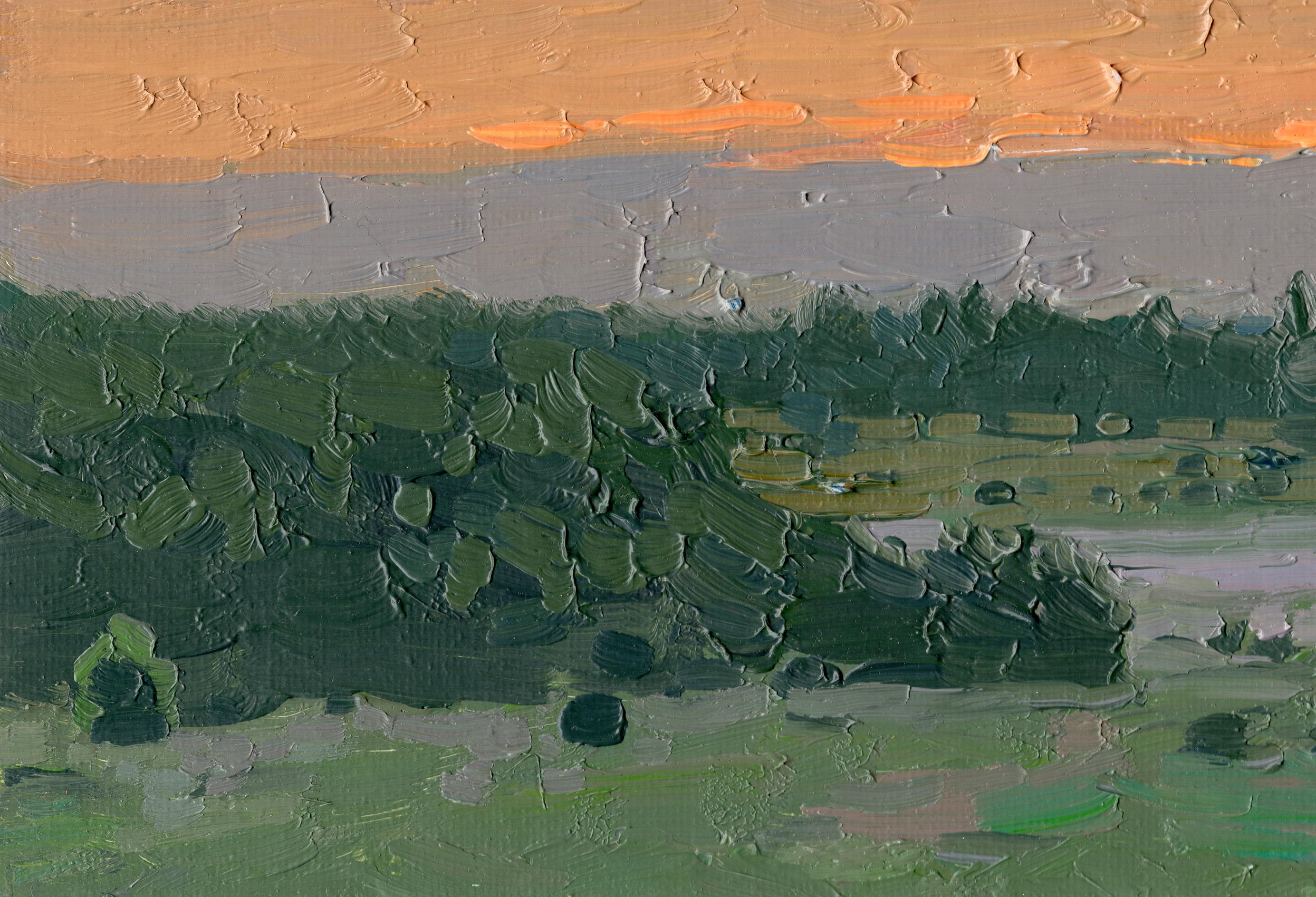 Tramonto. La nebbia si sta diffondendo. Bolshoye Sytkovo - Painting di Simon Kozhin