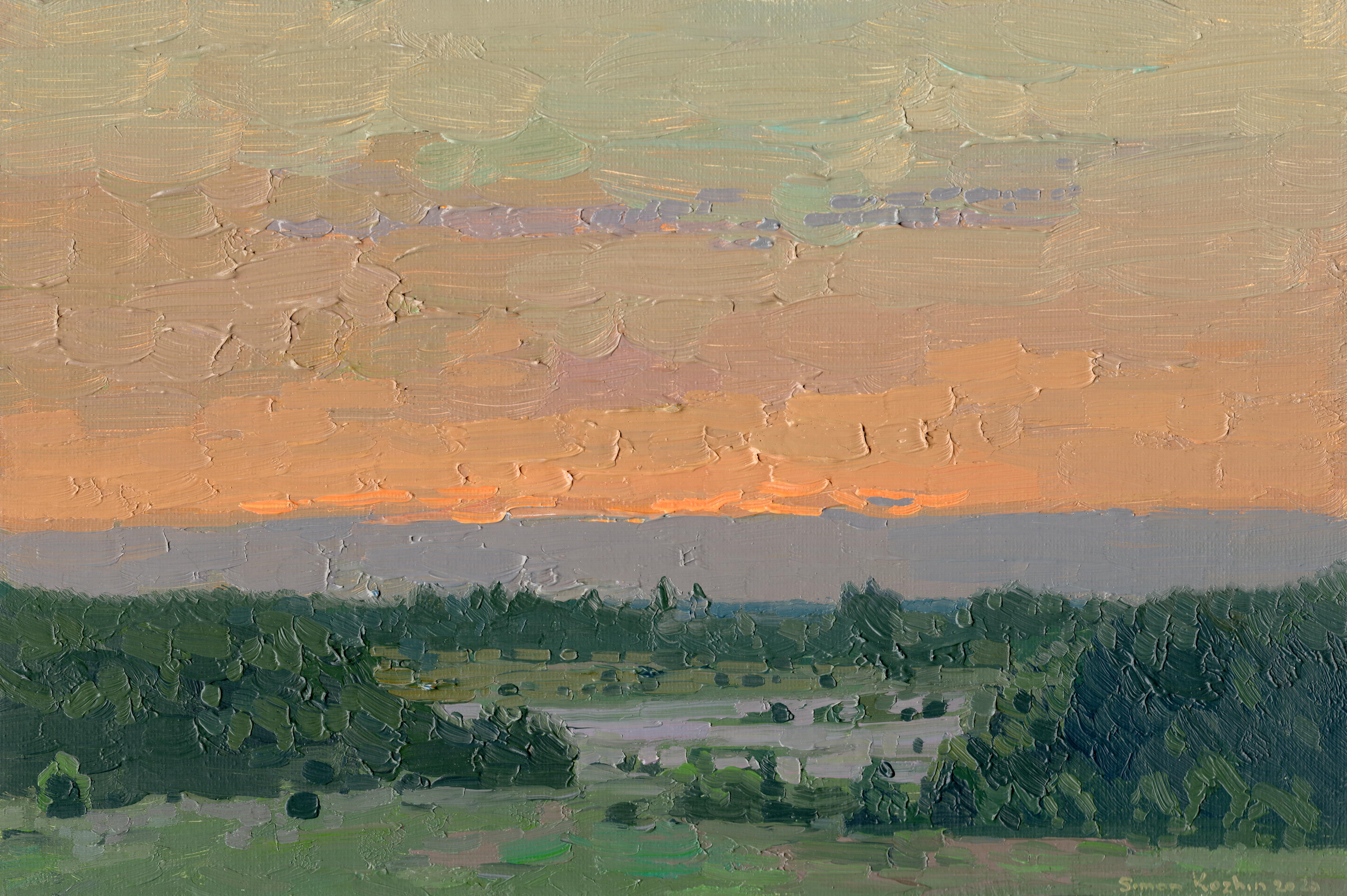 Simon Kozhin Landscape Painting - Sunset. The fog is spreading. Bolshoye Sytkovo