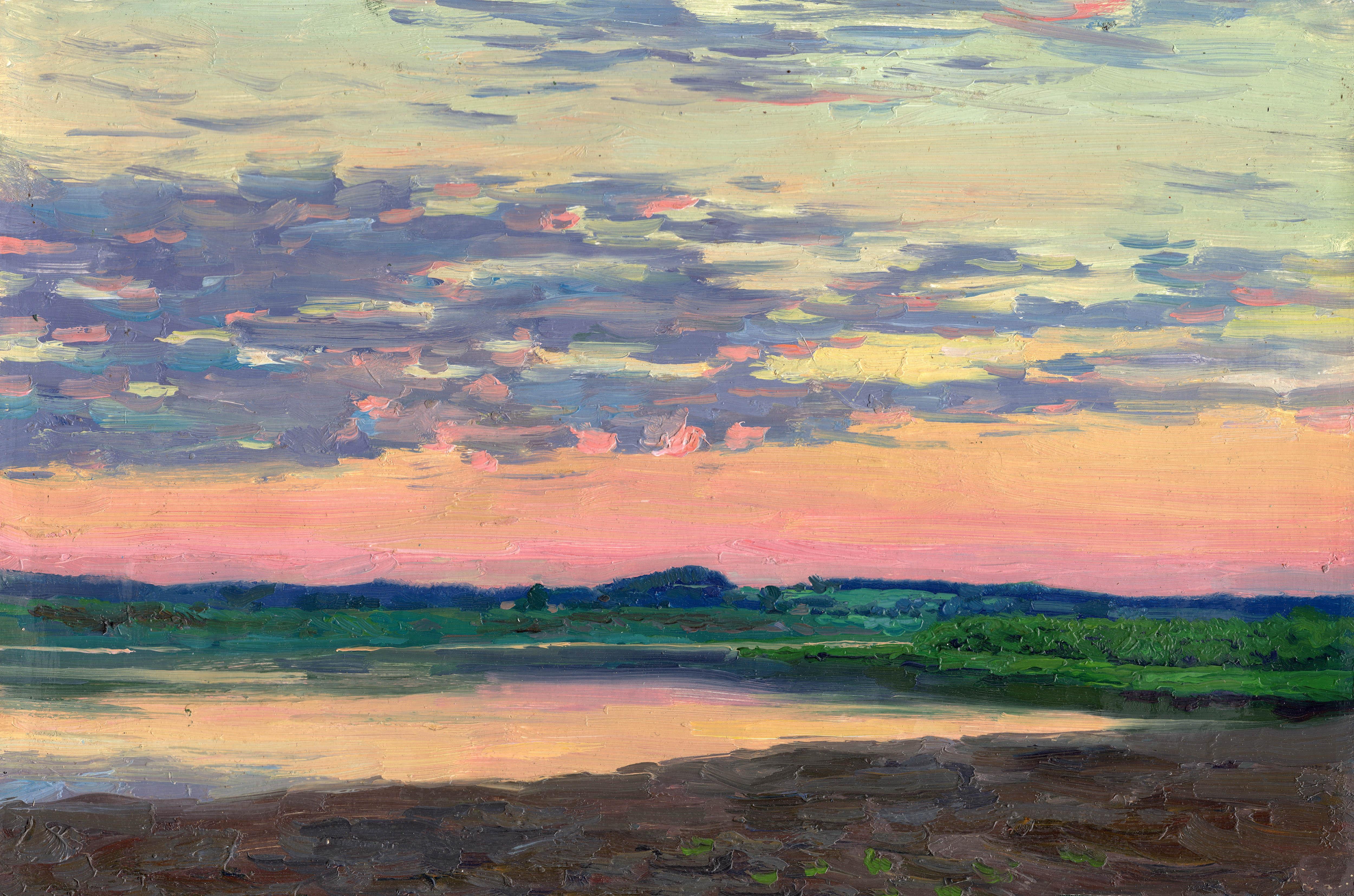 Sonnenuntergang. Veliky Ustyug Impressionistisches Gemälde 2001 Öl auf Karton 20 x 30 cm Gerahmt