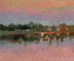 Sunset Veliky Ustyug Landscape Painting, Oil on Cardboard, 2001