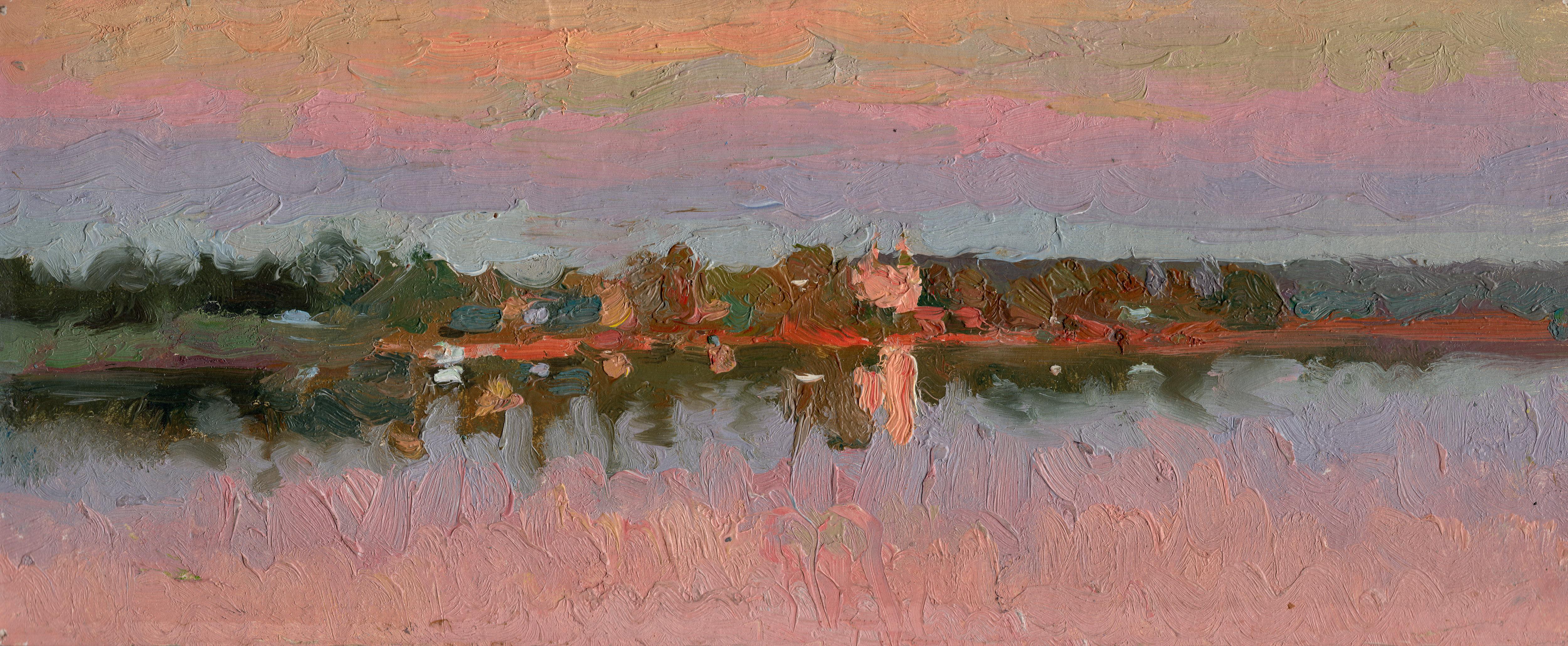 Landscape Painting Simon Kozhin - Coucher de soleil Veliky Ustyug Peinture de paysage, huile sur carton, 2001