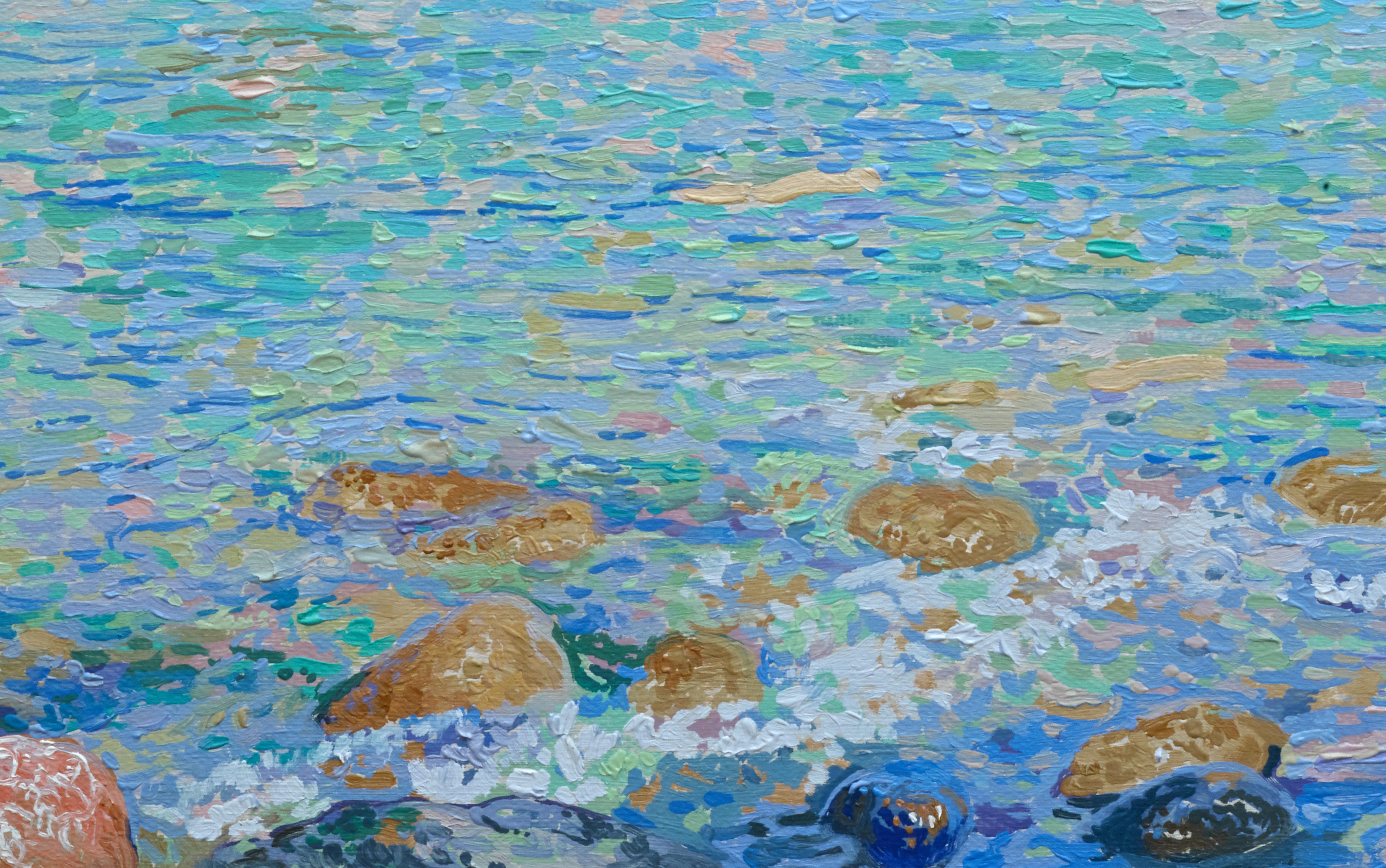 In creating this piece, I sought to embody the serene yet vibrant aura of the Mediterranean. The textured strokes and luminous palette capture the dynamic interplay of light on water, with the historic island softly emerging from the azure horizon.