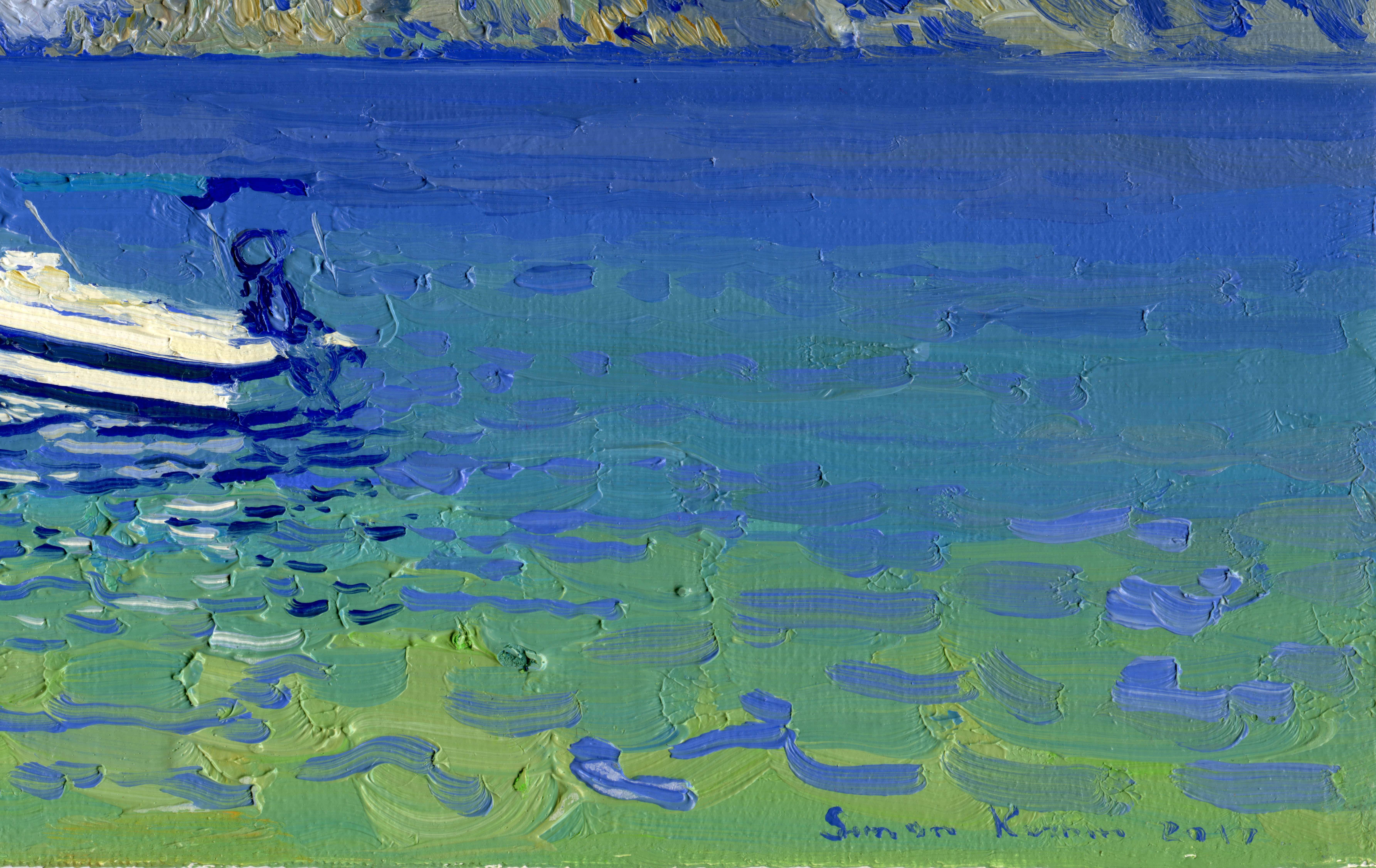 In this oil painting, I've poured my fascination with the serenity of nature into every stroke. Embracing impressionism's play with light and realism’s attachment to detail, I've captured a moment of tranquility—a lone boat delicately afloat on a