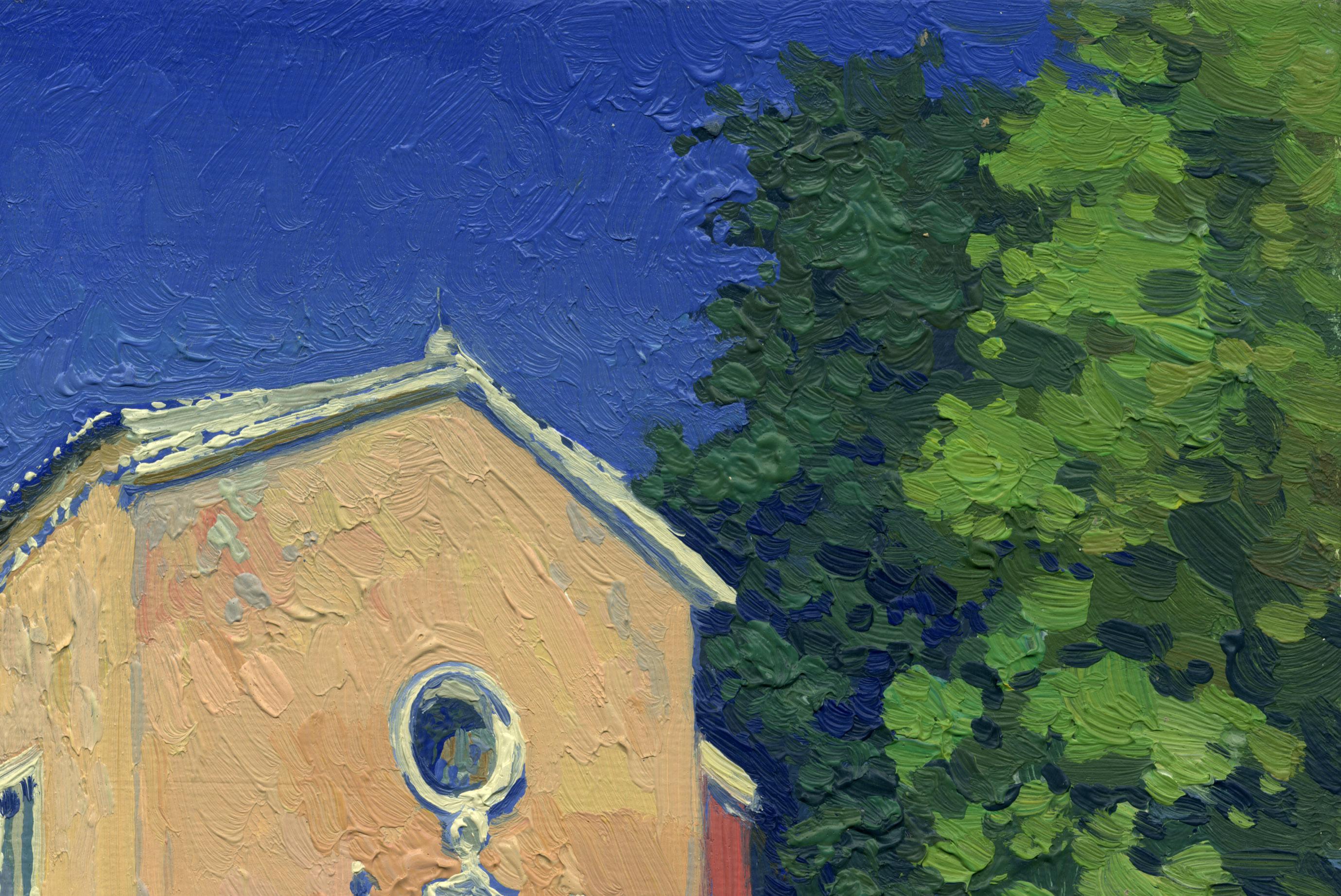 L'église catholique du Carmel à Corfou - Gris Landscape Painting par Simon Kozhin