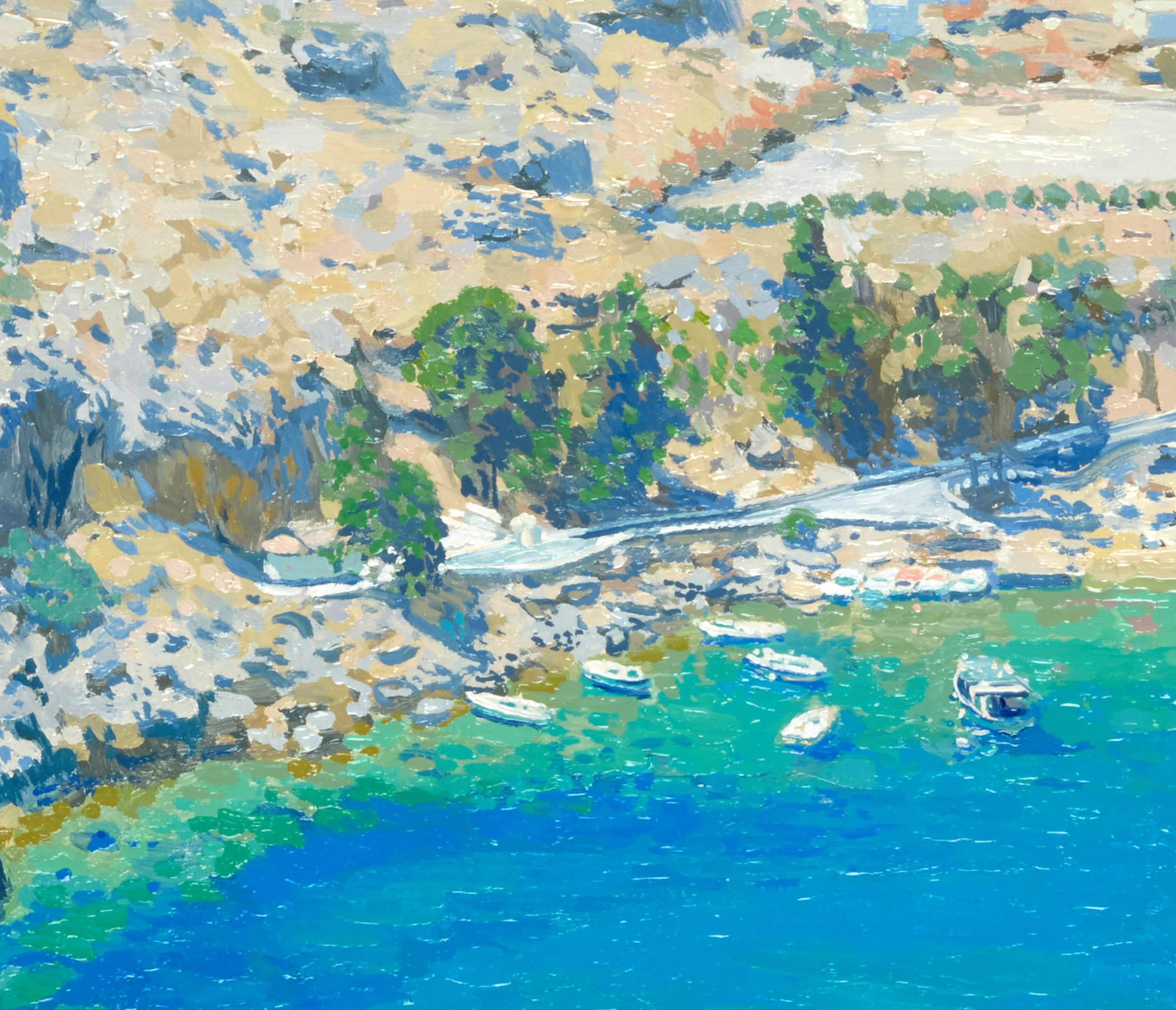 Al crear esta pieza, intenté captar la esencia serena pero vibrante de una escena costera aislada. Con cada trazo, mezclé las técnicas artísticas del realismo y el impresionismo, dando vida a los vívidos azules del mar y a los acantilados iluminados