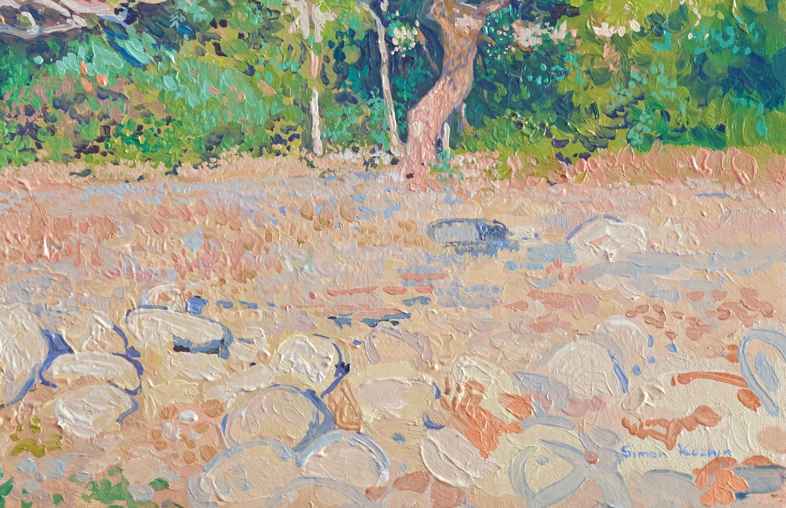 Dans cette peinture à l'huile, j'ai cherché à capturer la tranquillité d'un matin côtier, lorsque la lumière commence à caresser la terre, réveillant les couleurs de la nature. Les arbres sont les témoins silencieux de l'aube. Par une touche