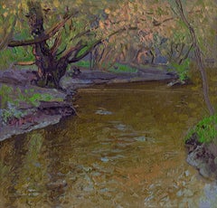 The Ponomarka River in April, Impressionst painting, Oil, cardboard, 23.6 х 24.5
