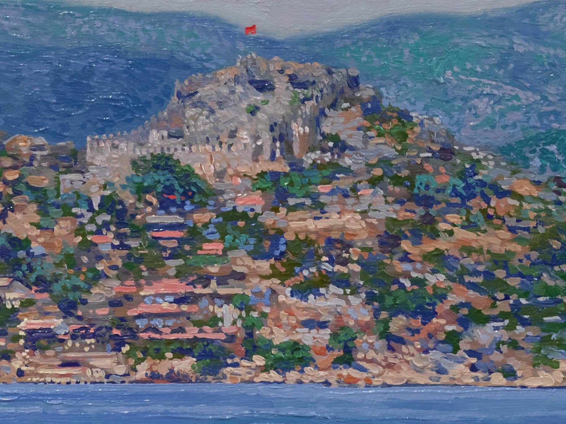 The Simena harbor. View of the the old fortress Kaleköy. Turkey - Blue Landscape Painting by Simon Kozhin