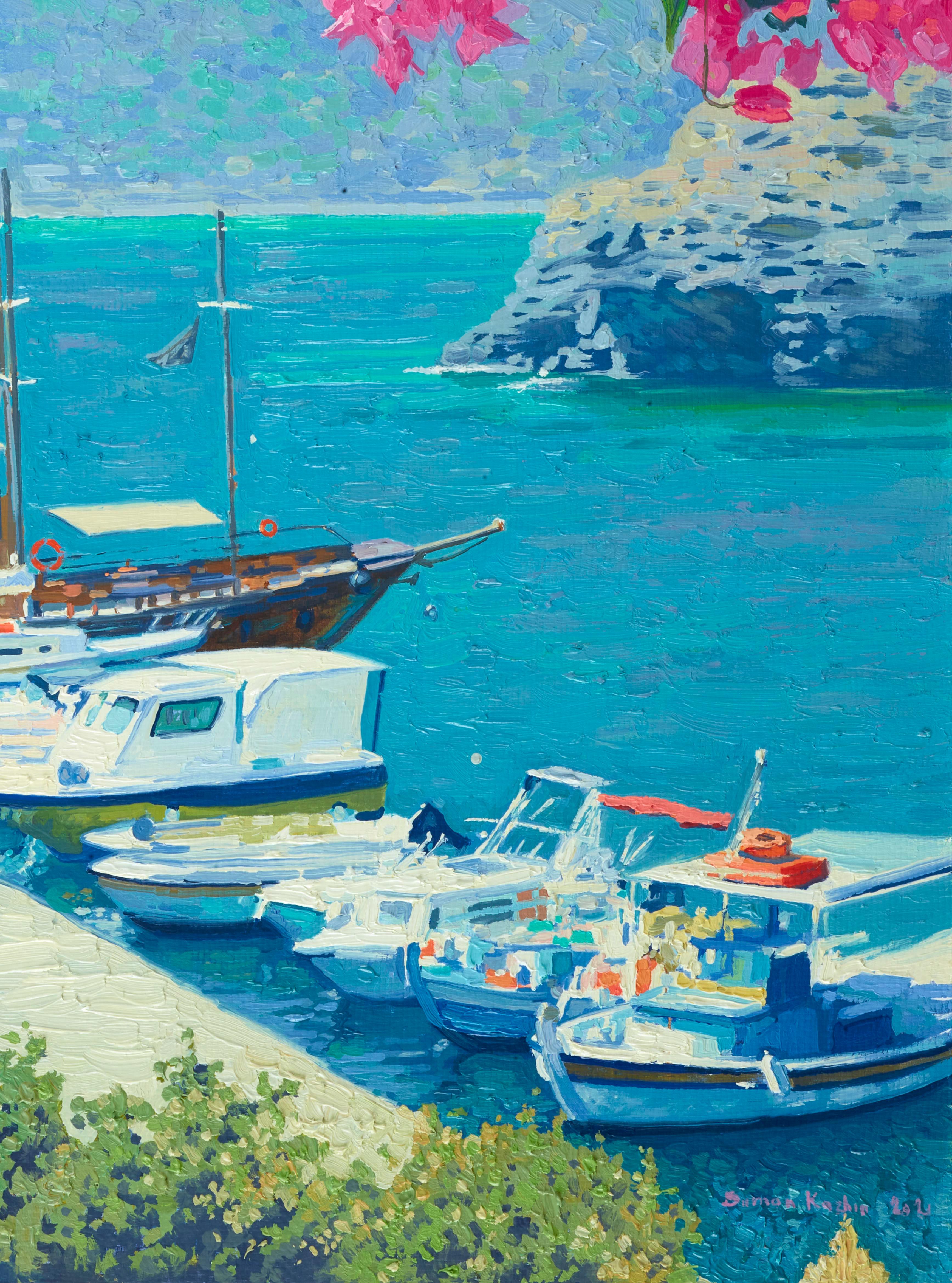 À travers des roses vibrants qui tombent en cascade comme des rires joyeux, j'ai capturé l'étreinte d'un port serein. En utilisant l'huile avec des touches impressionnistes, j'ai voulu évoquer la douce chaleur des moments éclairés par le soleil et