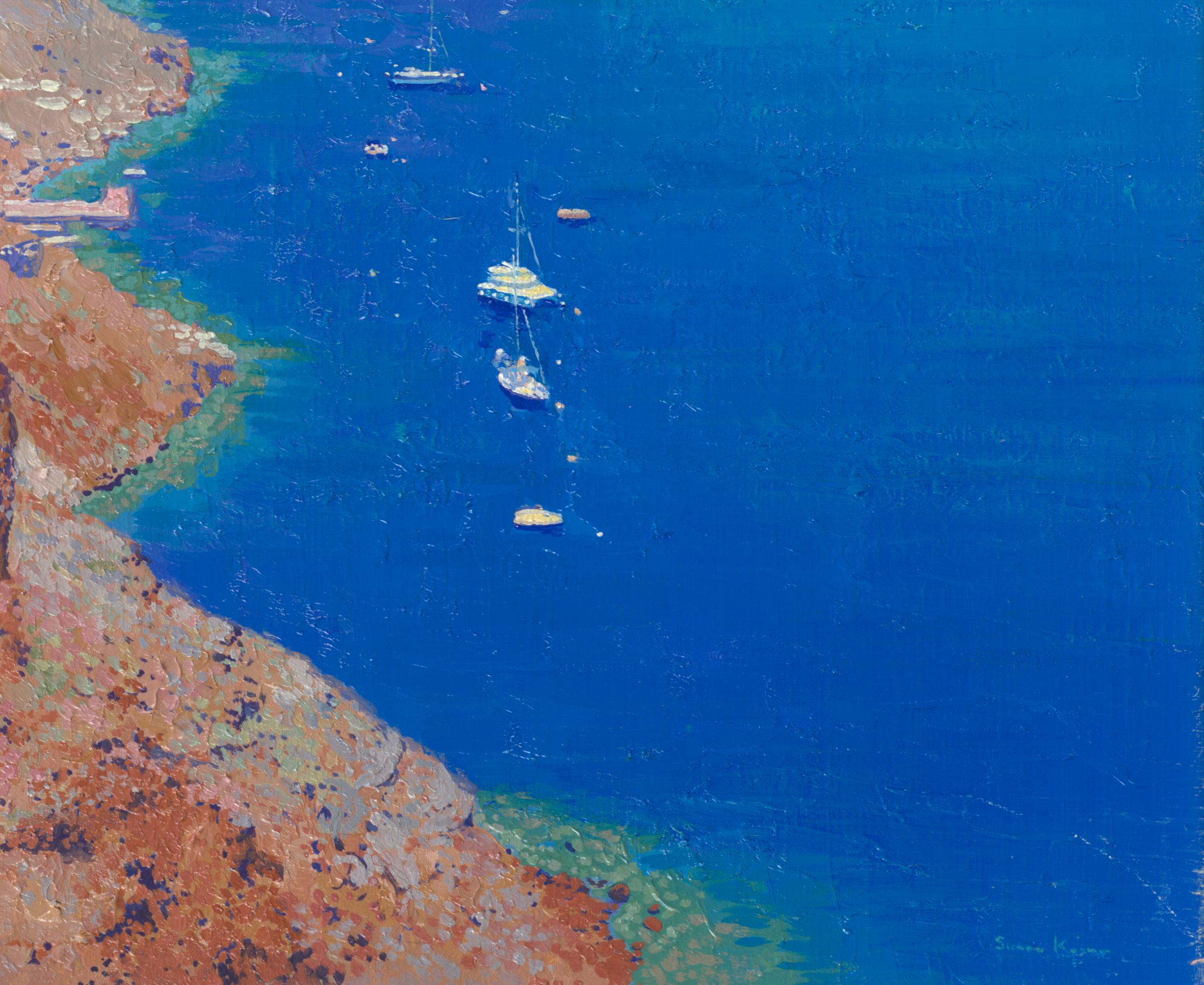 In diesem stimmungsvollen Gemälde habe ich die atemberaubende Harmonie zwischen der zerklüfteten Landschaft und dem ruhigen, azurblauen Wasser von Santorin dargestellt. Eine durch einen Vulkanausbruch entstandene Insel mit einer sehr malerischen