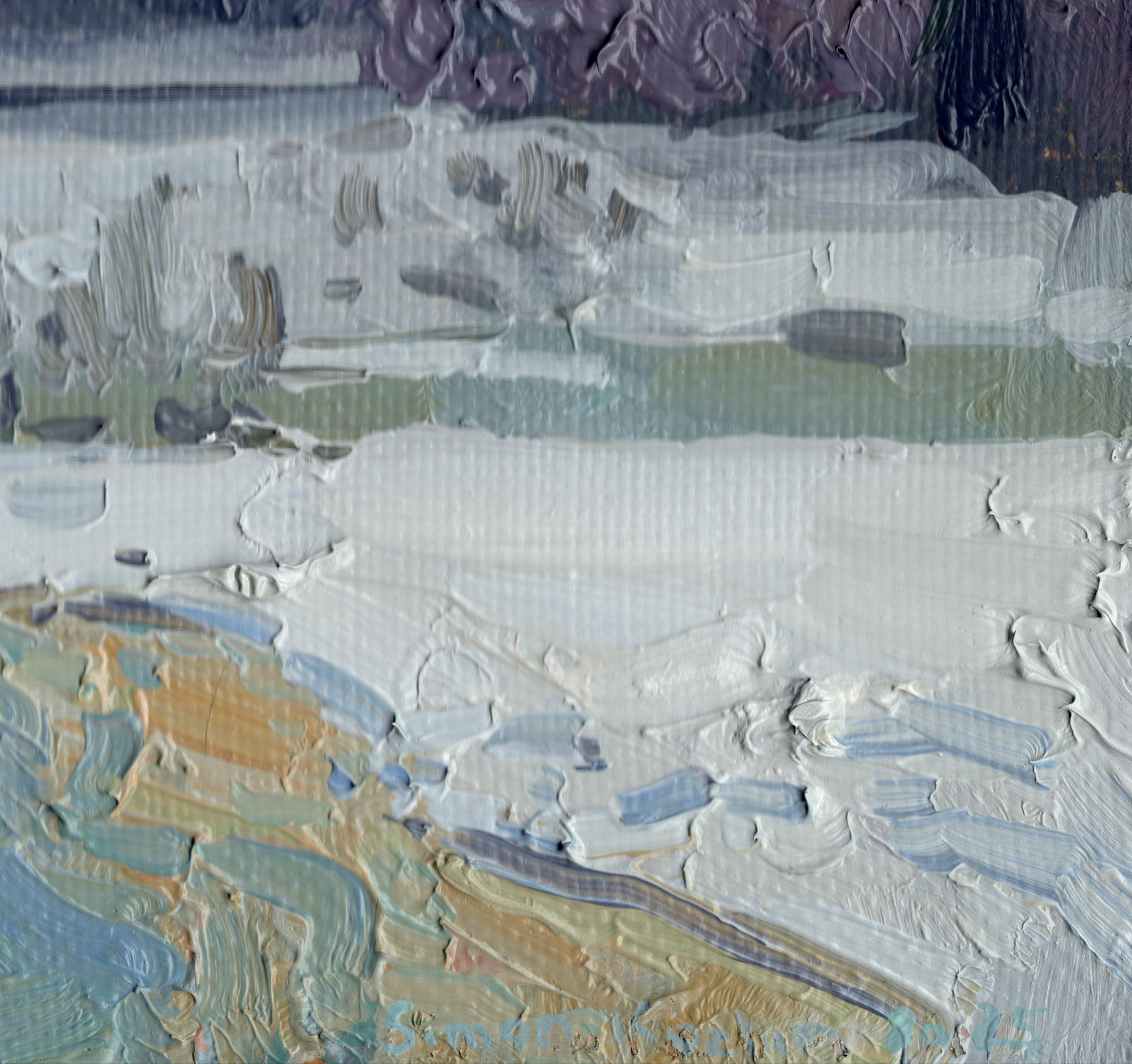 Dieses einfache Luftbild ist eine fesselnde Darstellung einer winterlichen Landschaft, die in einem strukturierten, impressionistischen Stil wiedergegeben ist. Die Szene zeigt den gefrorenen Fluss Tvertsa, der sich durch einen schneebedeckten Wald