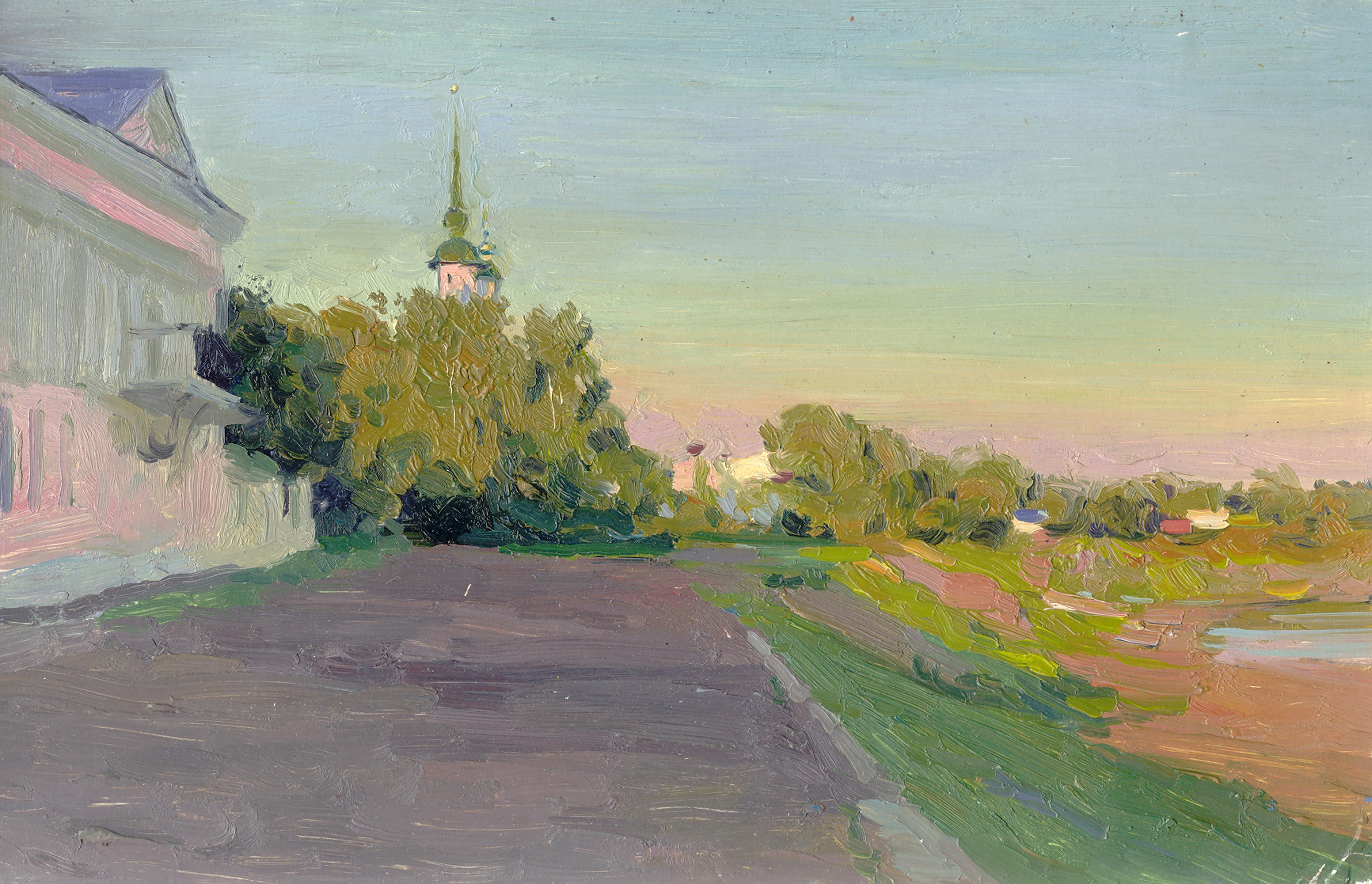 Simon Kozhin Landscape Painting – Veliky Ustyug. Abend. Damm