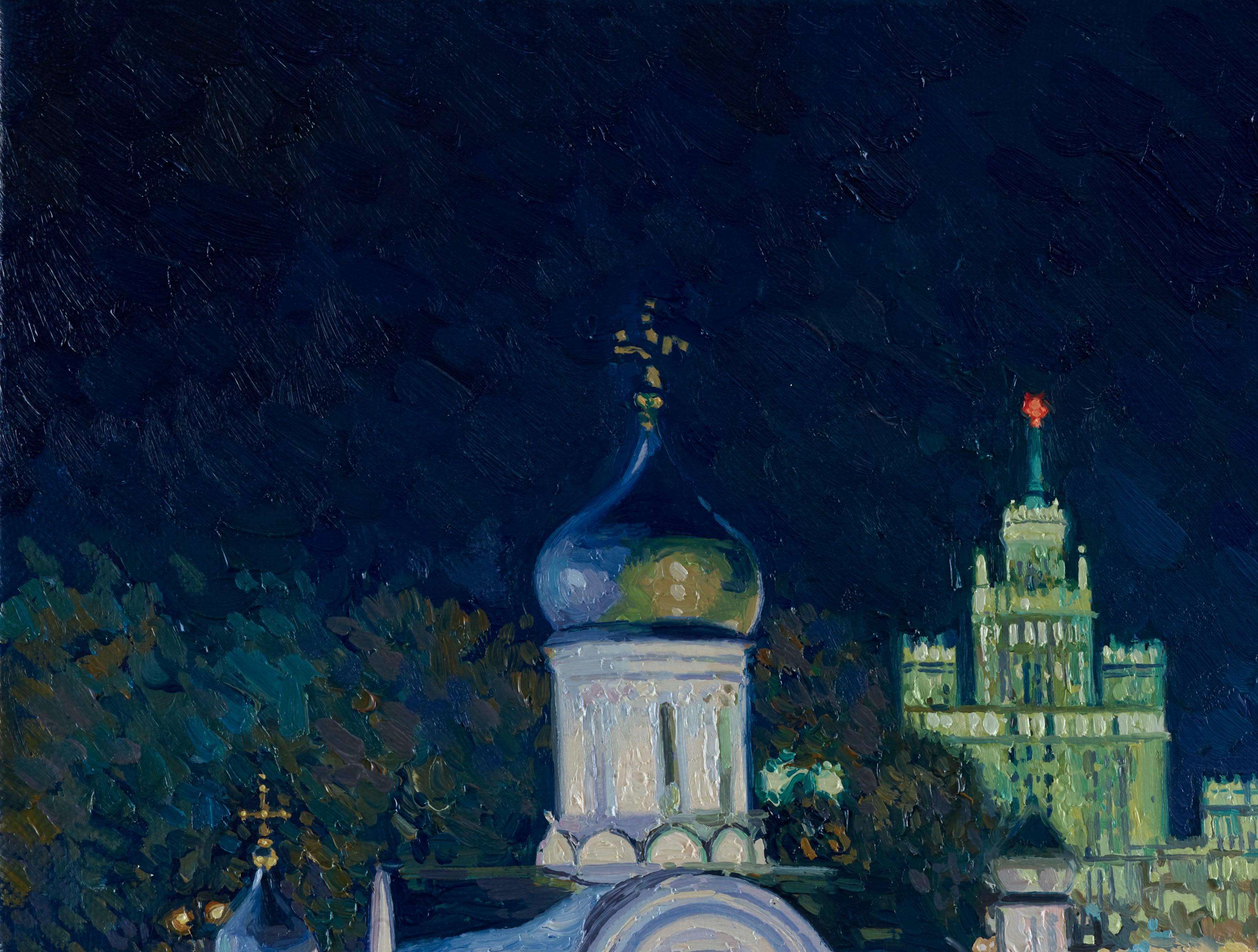 Vista nocturna de Moscú. Iglesia de la Concepción de Anna en Ugol - Painting de Simon Kozhin