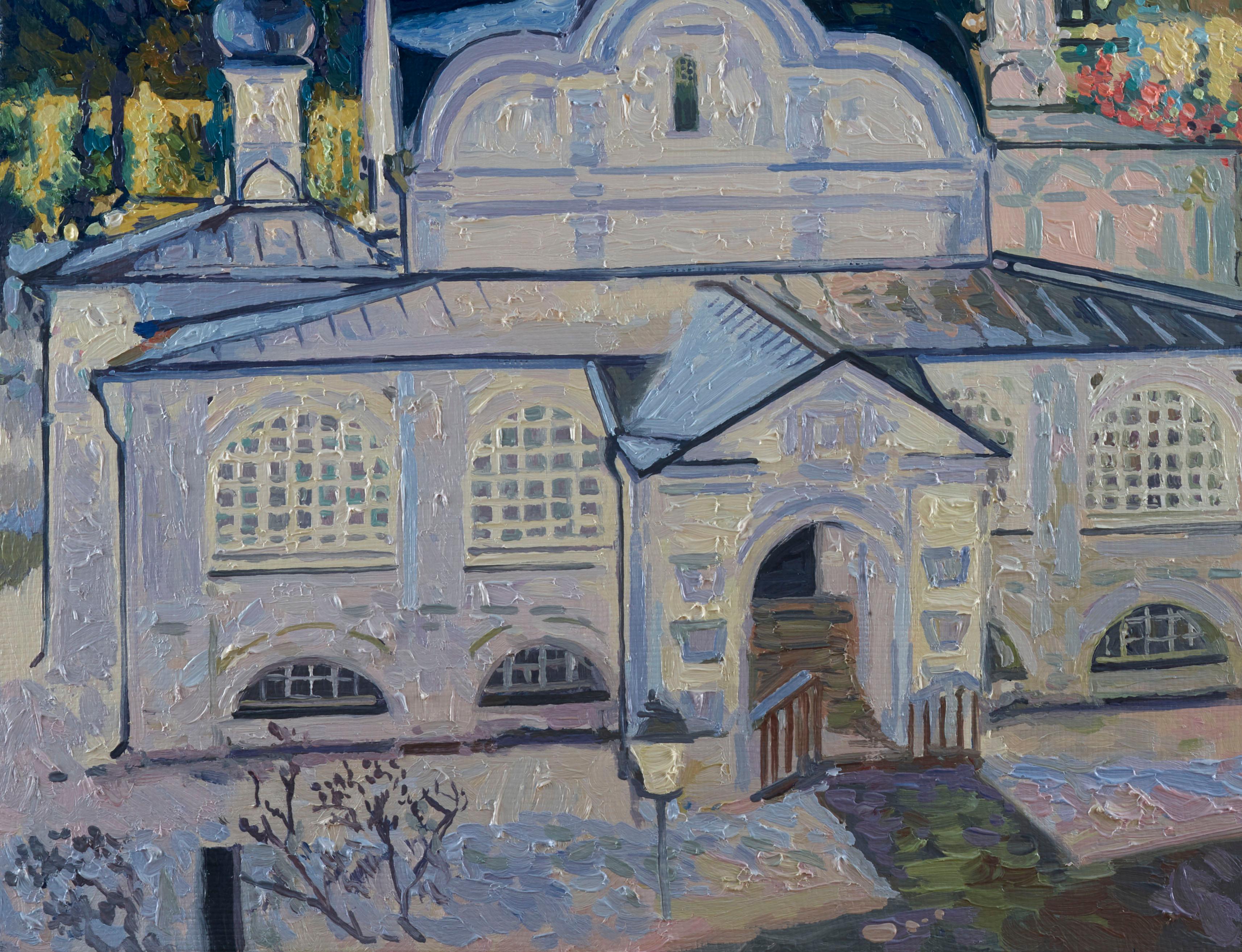 Vista nocturna de Moscú. Iglesia de la Concepción de Anna en Ugol - Landscape Painting Negro de Simon Kozhin