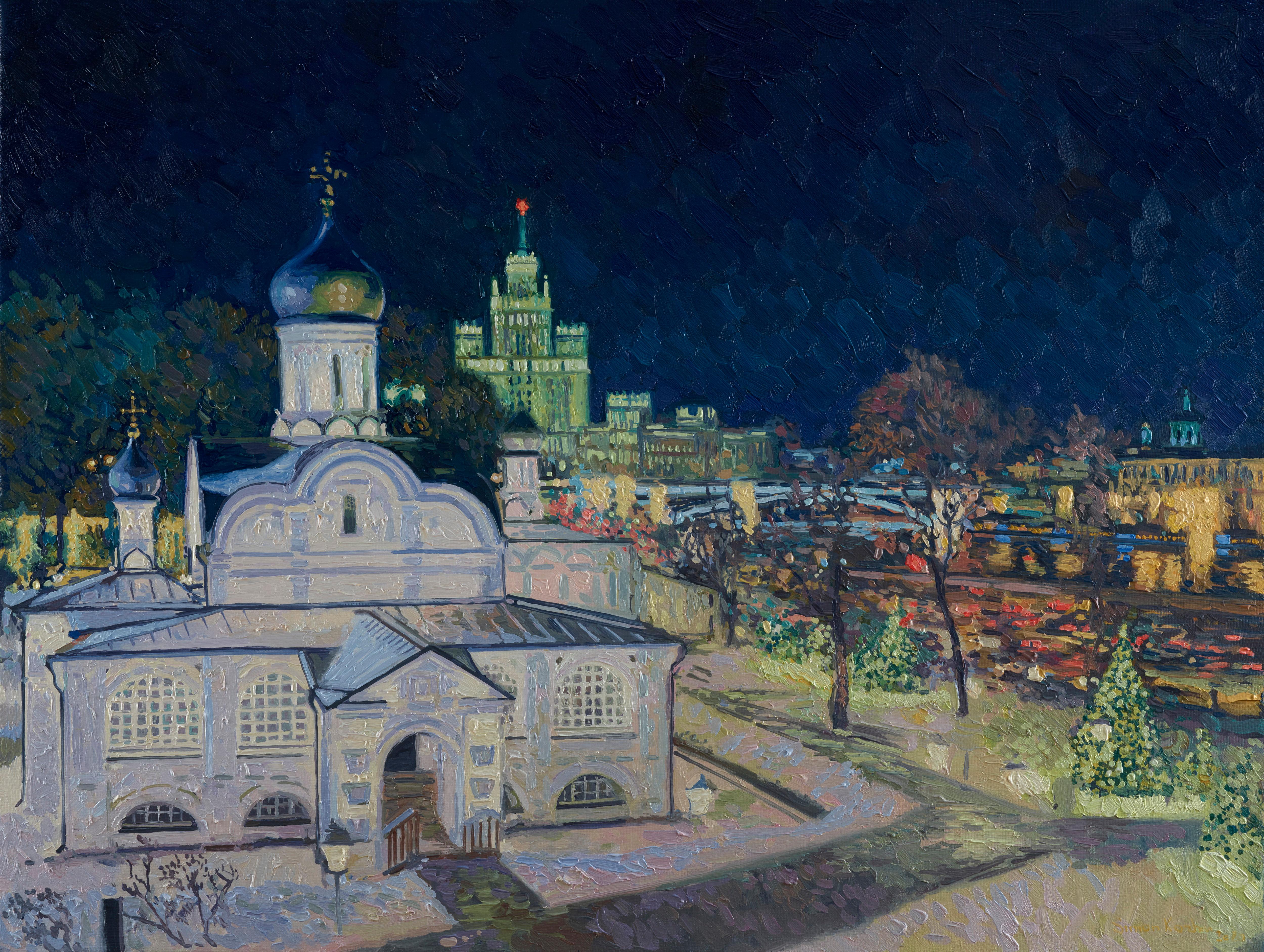 Landscape Painting de Simon Kozhin - Vista nocturna de Moscú. Iglesia de la Concepción de Anna en Ugol