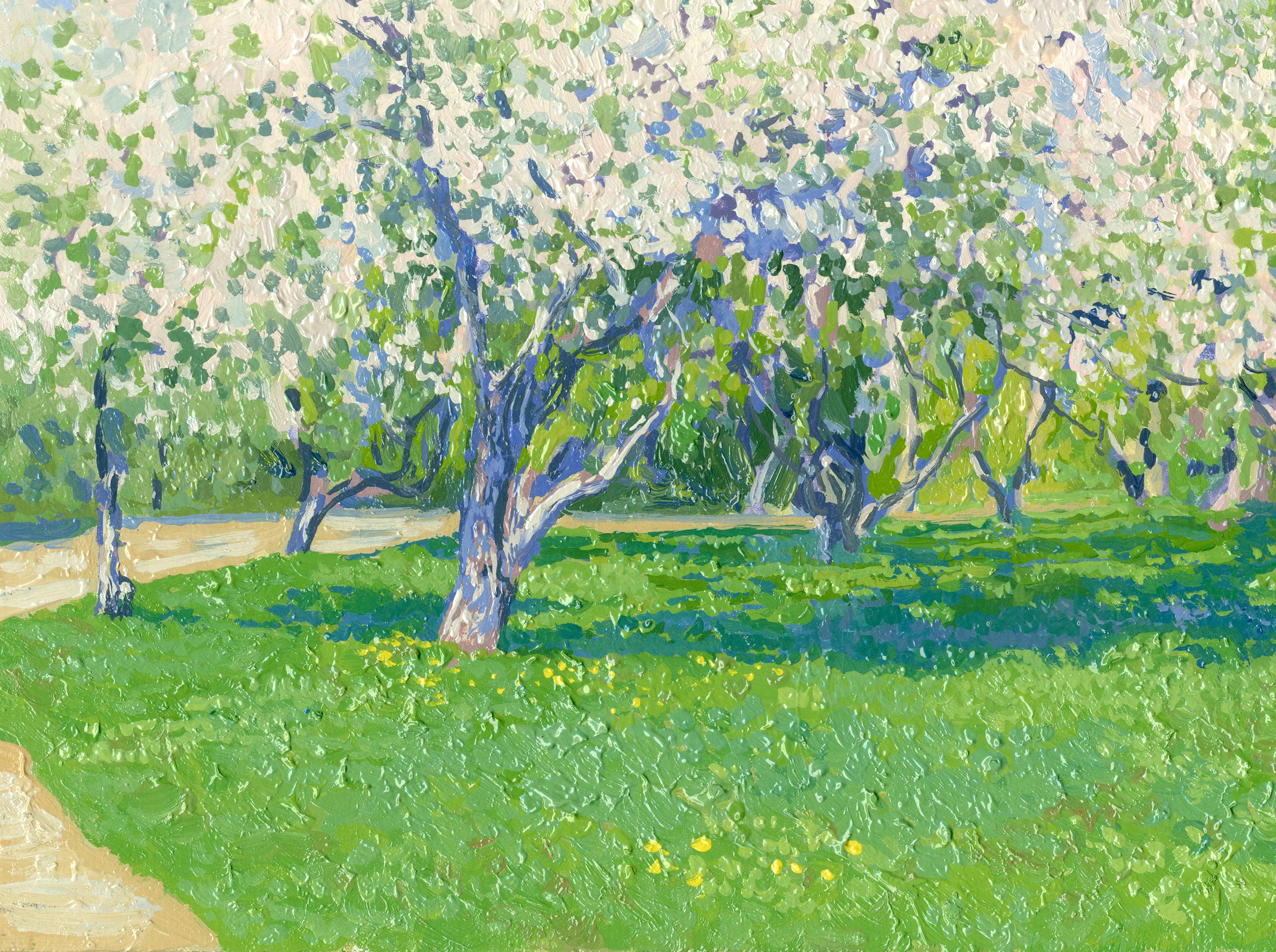 Giardino Voznesensky. Meli in fiore. Kolomenskoe - Landscape Painting Blu di Simon Kozhin