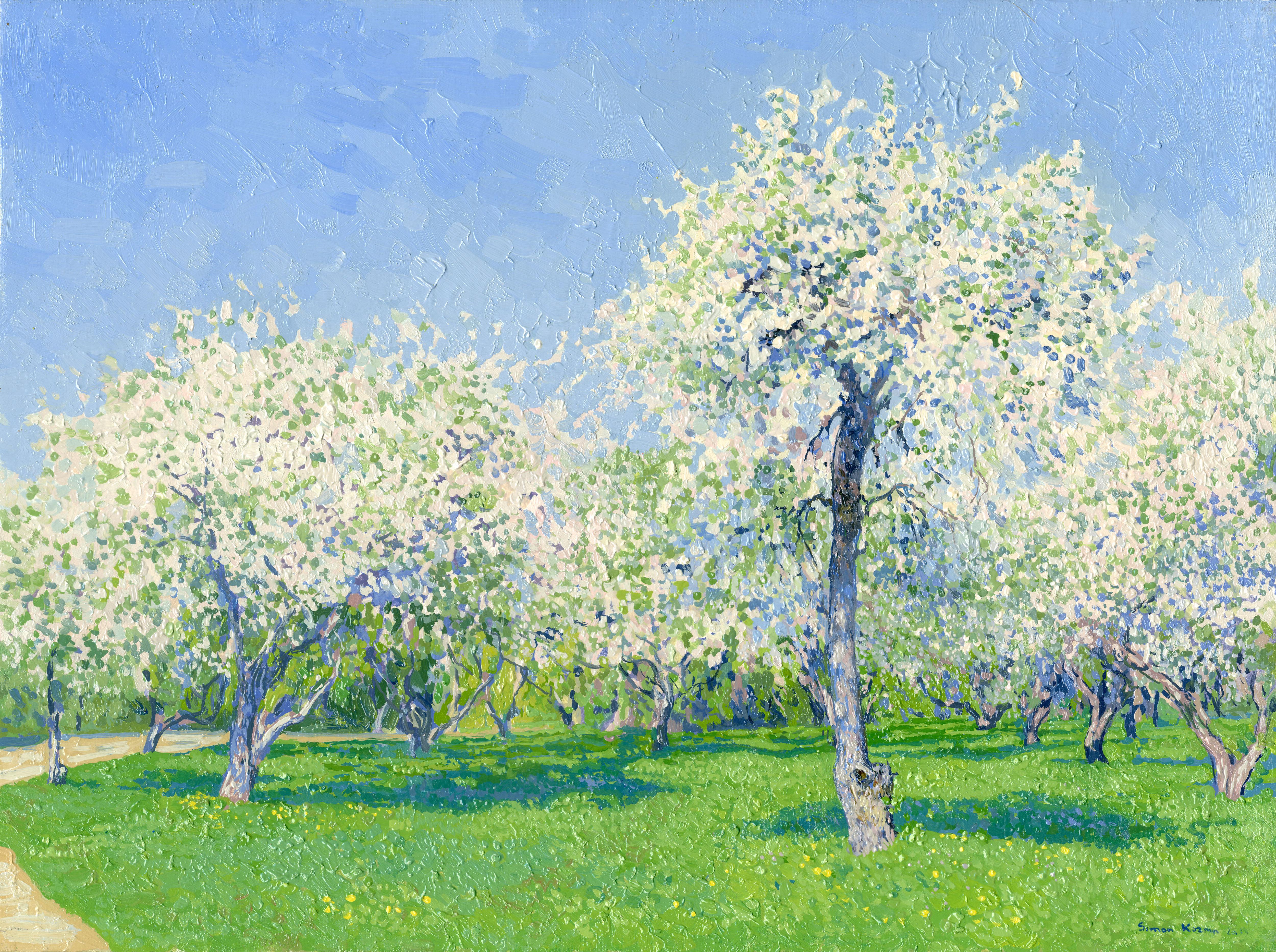Landscape Painting di Simon Kozhin - Giardino Voznesensky. Meli in fiore. Kolomenskoe
