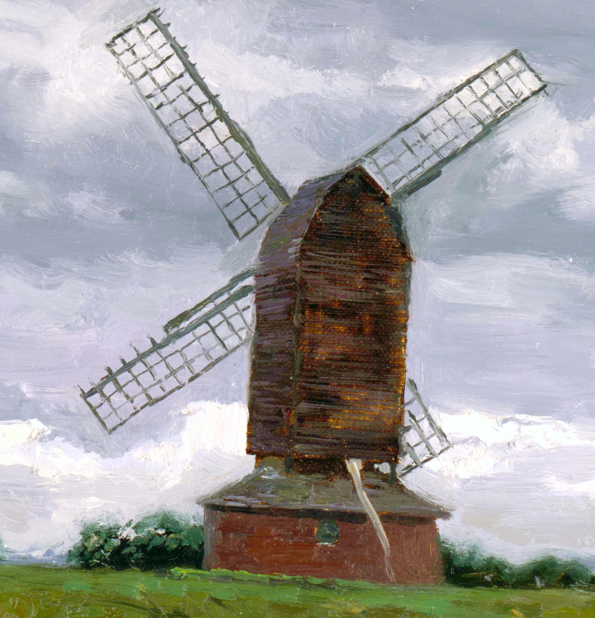 Windmill, England Classical Impressionism Style Landscape Oil painting Framed - Painting by Simon Kozhin
