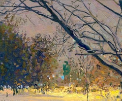 Winterboulevard bei Nacht, Öl auf Leinwand, heitere Winterszene, gerahmt