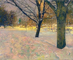 Winterboulevard bei Nacht, Öl auf Leinwand, heitere Winterszene, gerahmt