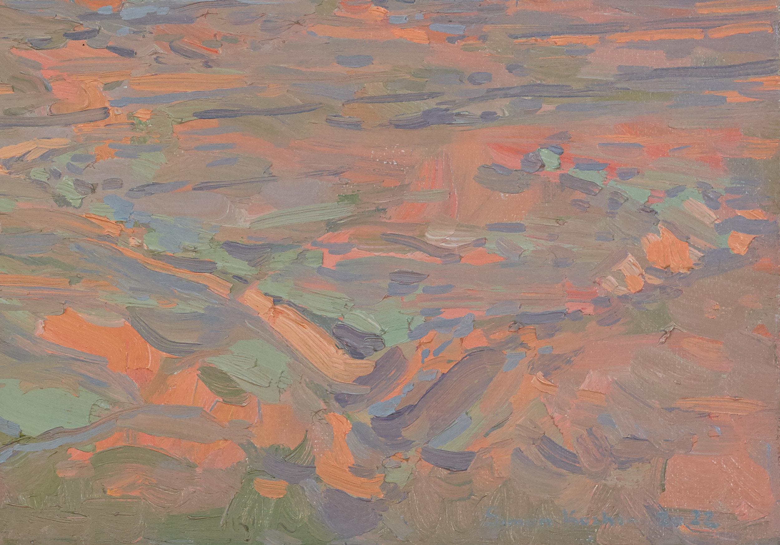 Der Künstler malte dieses fesselnde naturalistische Gemälde in der Nähe seines Hauses. Die Studie zeigt eine heitere Winterlandschaft, die in das sanfte Licht der Dämmerung getaucht ist. Der Vordergrund zeigt einen schneebedeckten Boden mit zarten