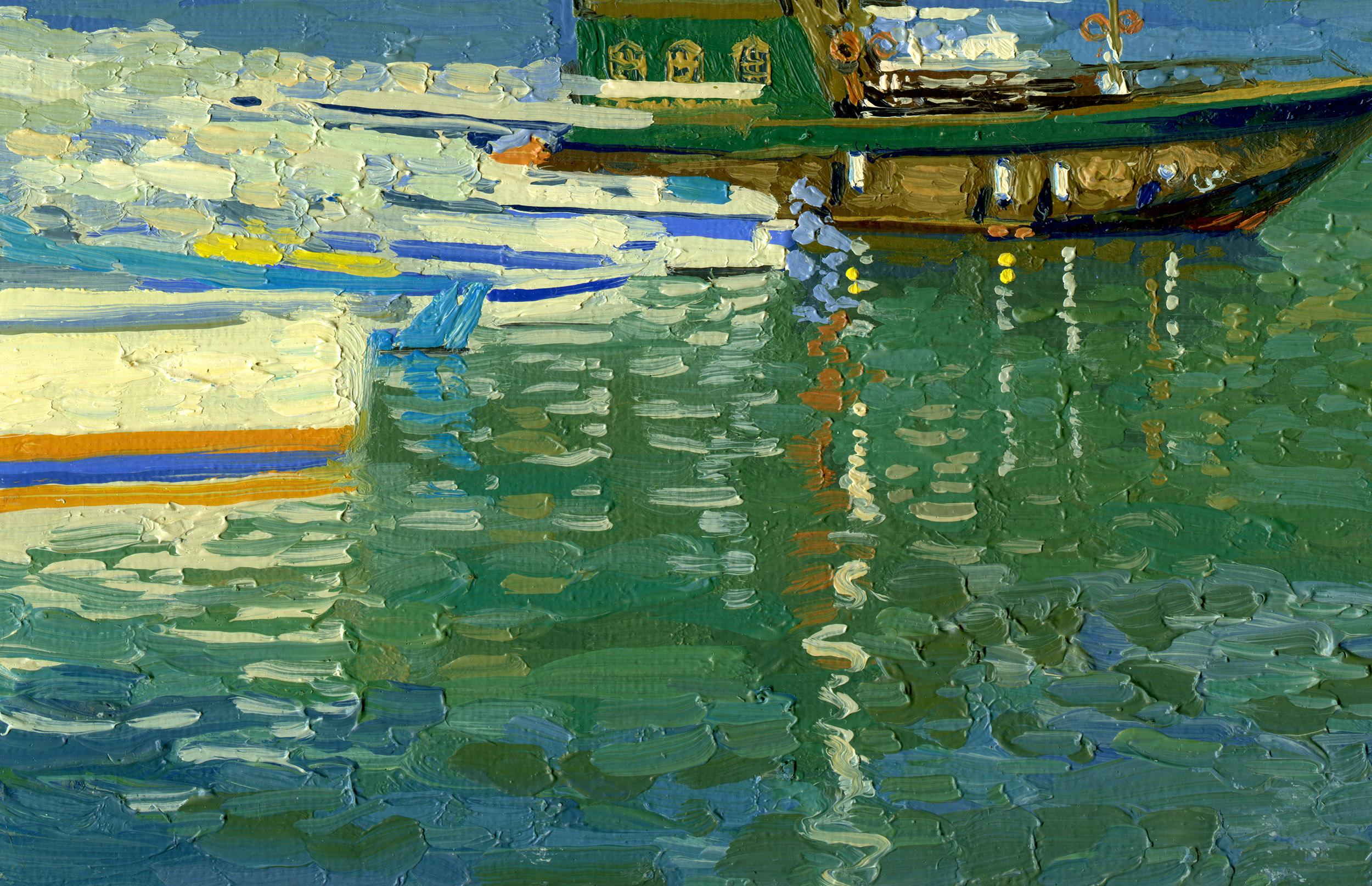 Yacht di Santa Maria - Landscape Painting Nero di Simon Kozhin