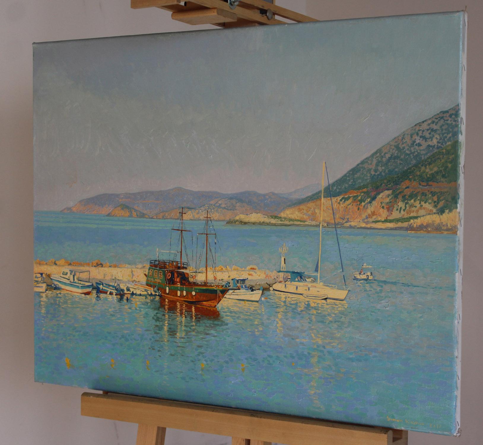 Yachts in the bay of Bali, Original Seascape Mountainscape Oil Painting, Large For Sale 1