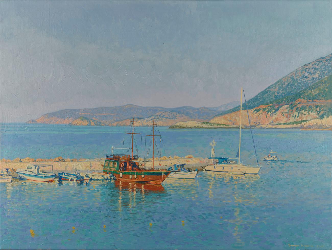 Figurative Painting de Simon Kozhin - Yates en la bahía de Bali, Pintura al óleo original Paisaje marino Paisaje montañoso, Grande