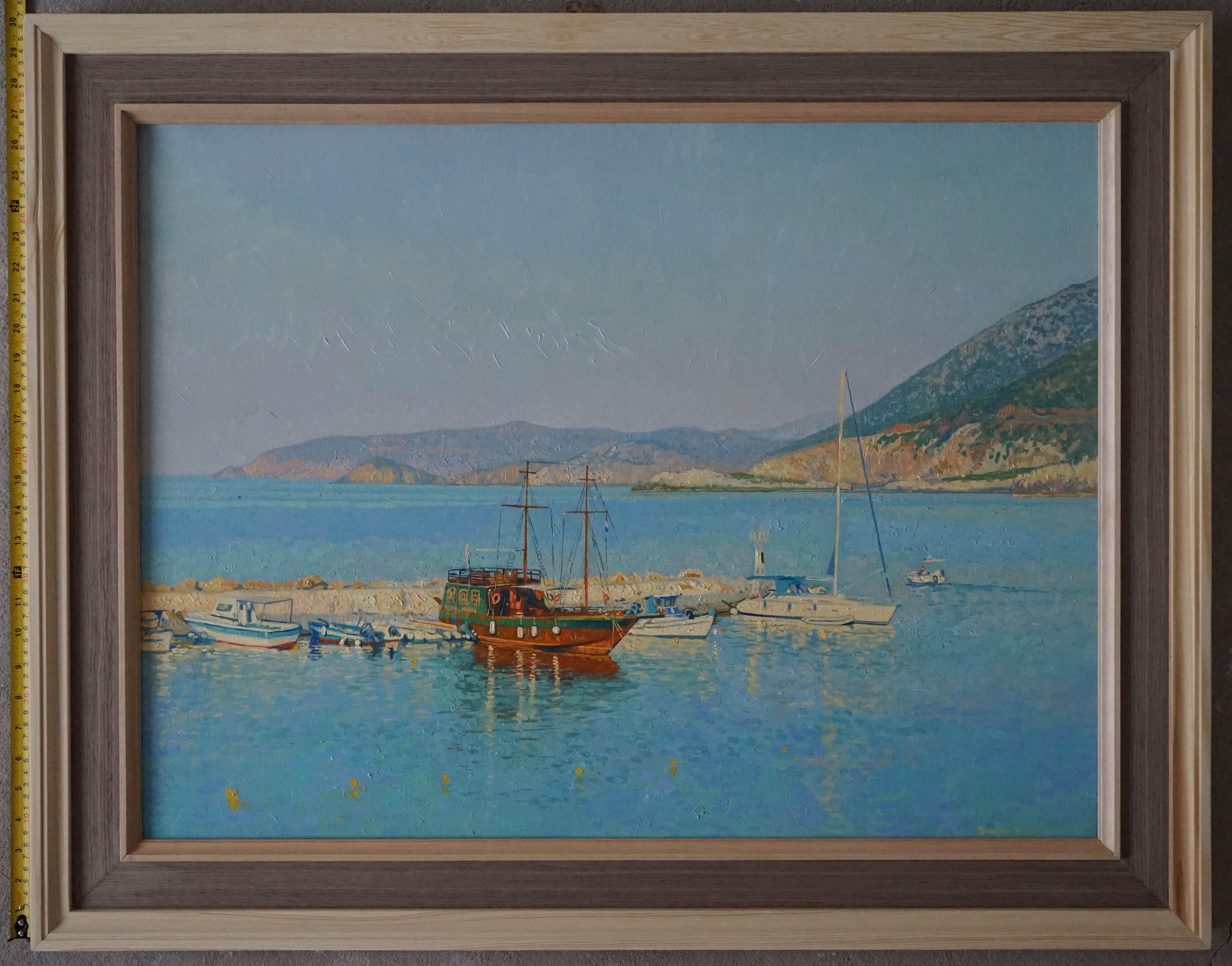 Yates en la bahía de Bali, Pintura al óleo original Paisaje marino Paisaje montañoso, Grande en venta 6
