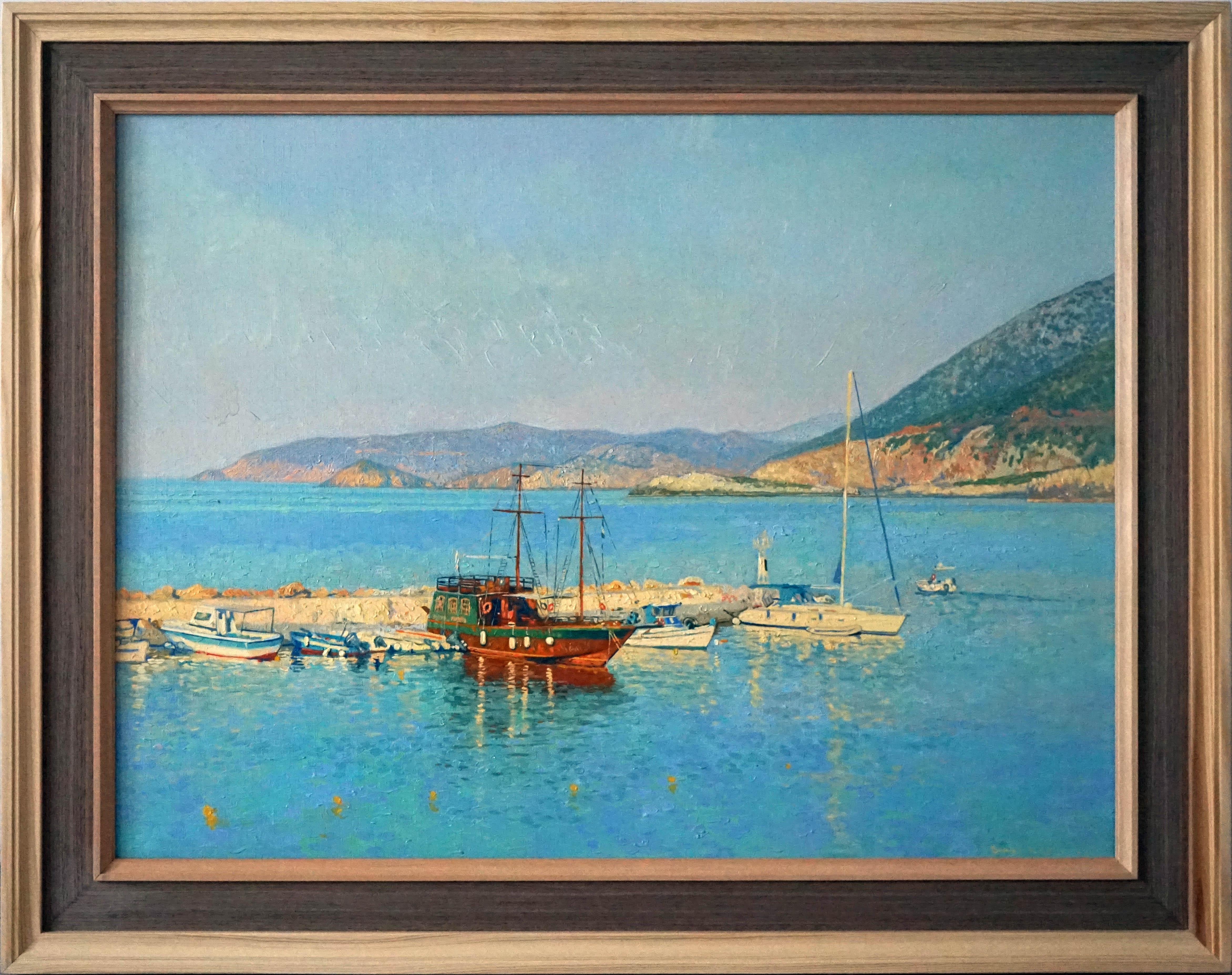 Yates en la bahía de Bali, Pintura al óleo original Paisaje marino Paisaje montañoso, Grande - Painting de Simon Kozhin