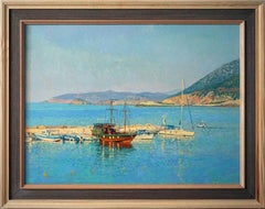 Yates en la bahía de Bali, Pintura al óleo original Paisaje marino Paisaje montañoso, Grande
