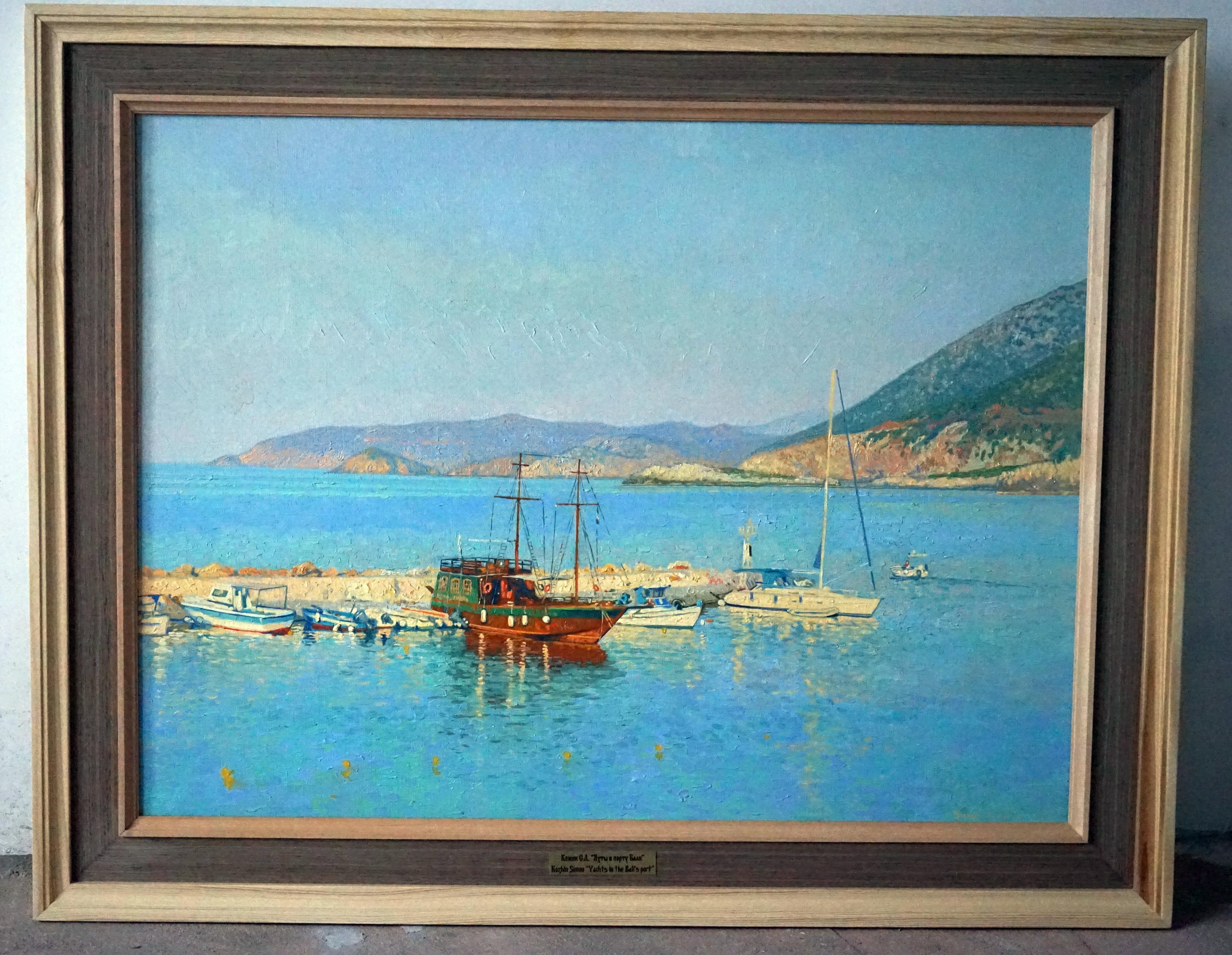 Yates en la bahía de Bali, Pintura al óleo original Paisaje marino Paisaje montañoso, Grande - Painting Realista de Simon Kozhin