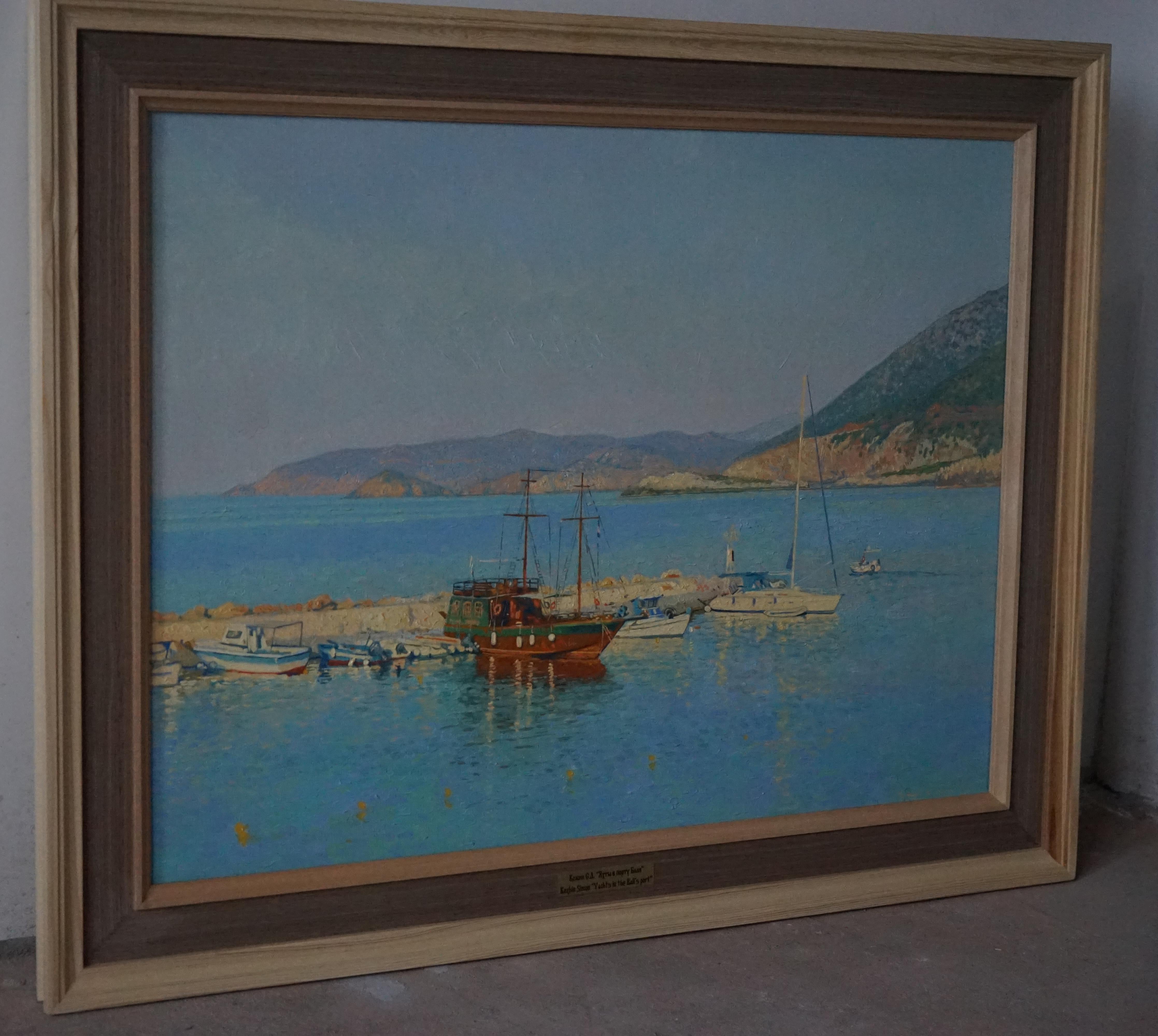 Yates en la bahía de Bali, Pintura al óleo original Paisaje marino Paisaje montañoso, Grande en venta 2
