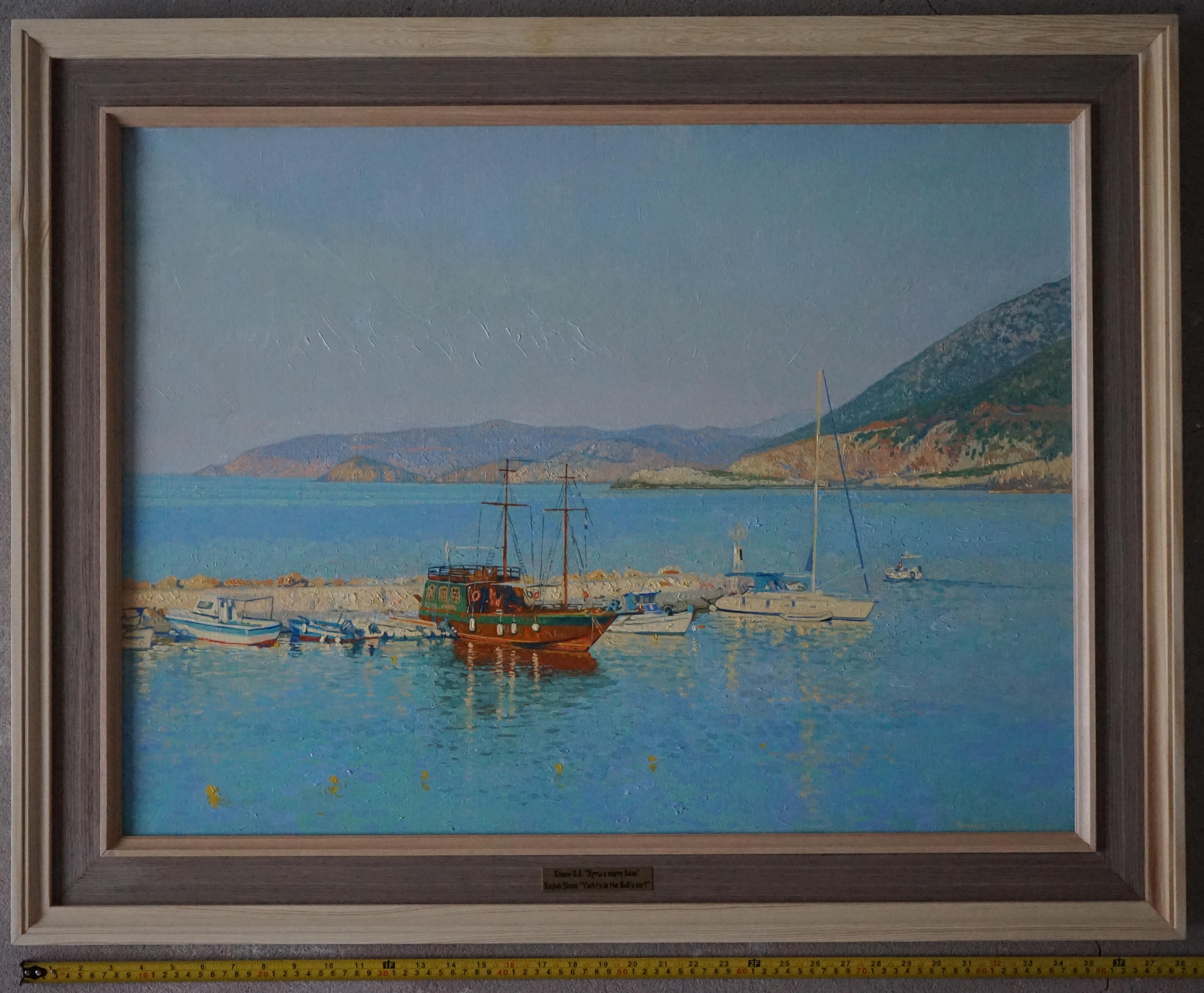Yates en la bahía de Bali, Pintura al óleo original Paisaje marino Paisaje montañoso, Grande en venta 3