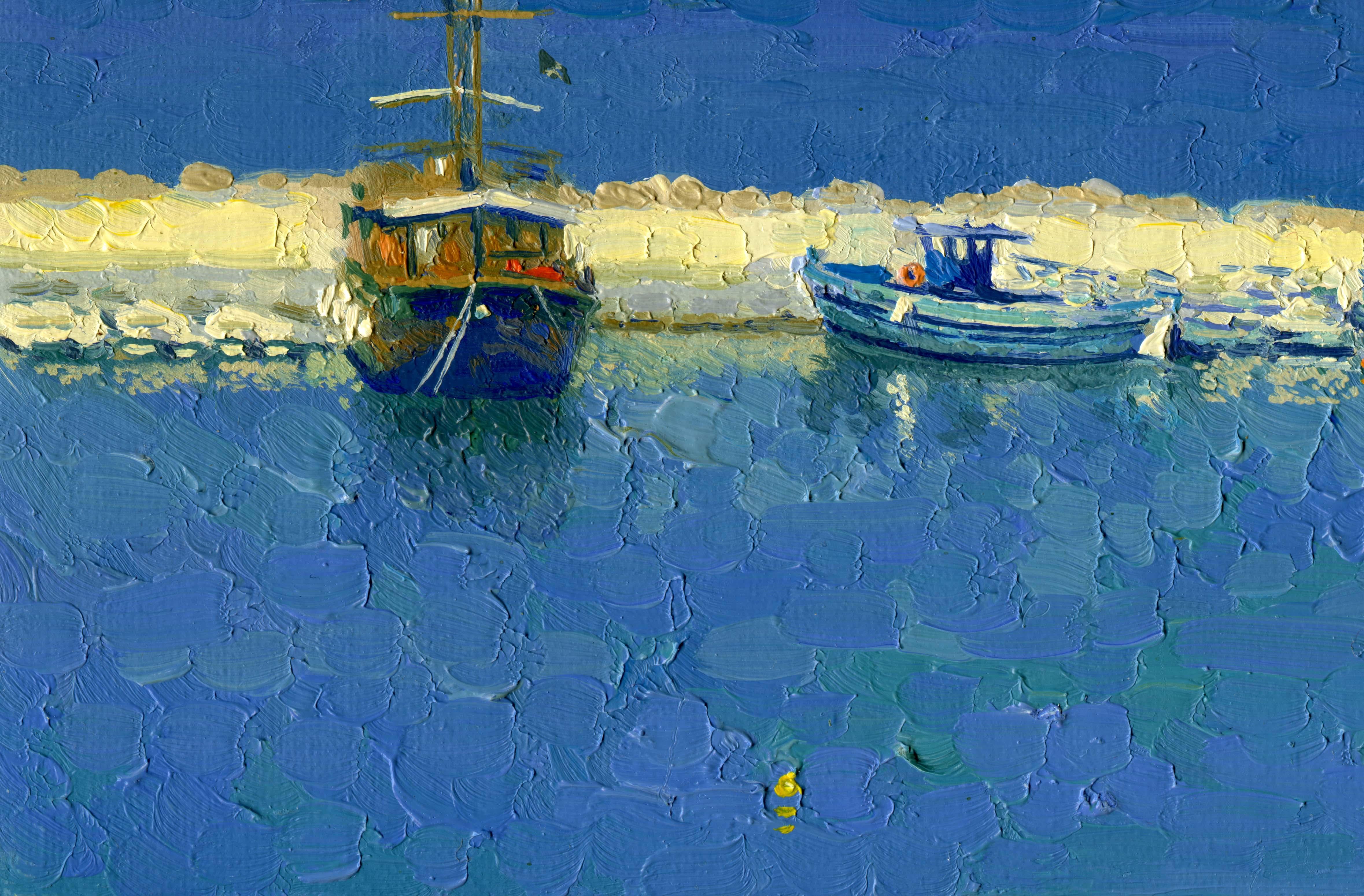 Yachts in the port of Bali - Blue Landscape Painting by Simon Kozhin