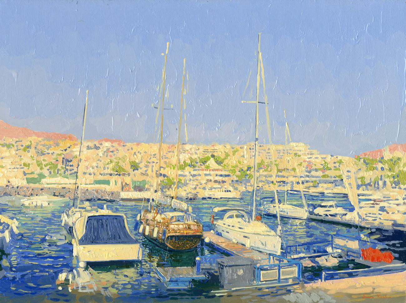 Simon Kozhin Landscape Painting - Yachts in the port of Costa Adeje. Evening