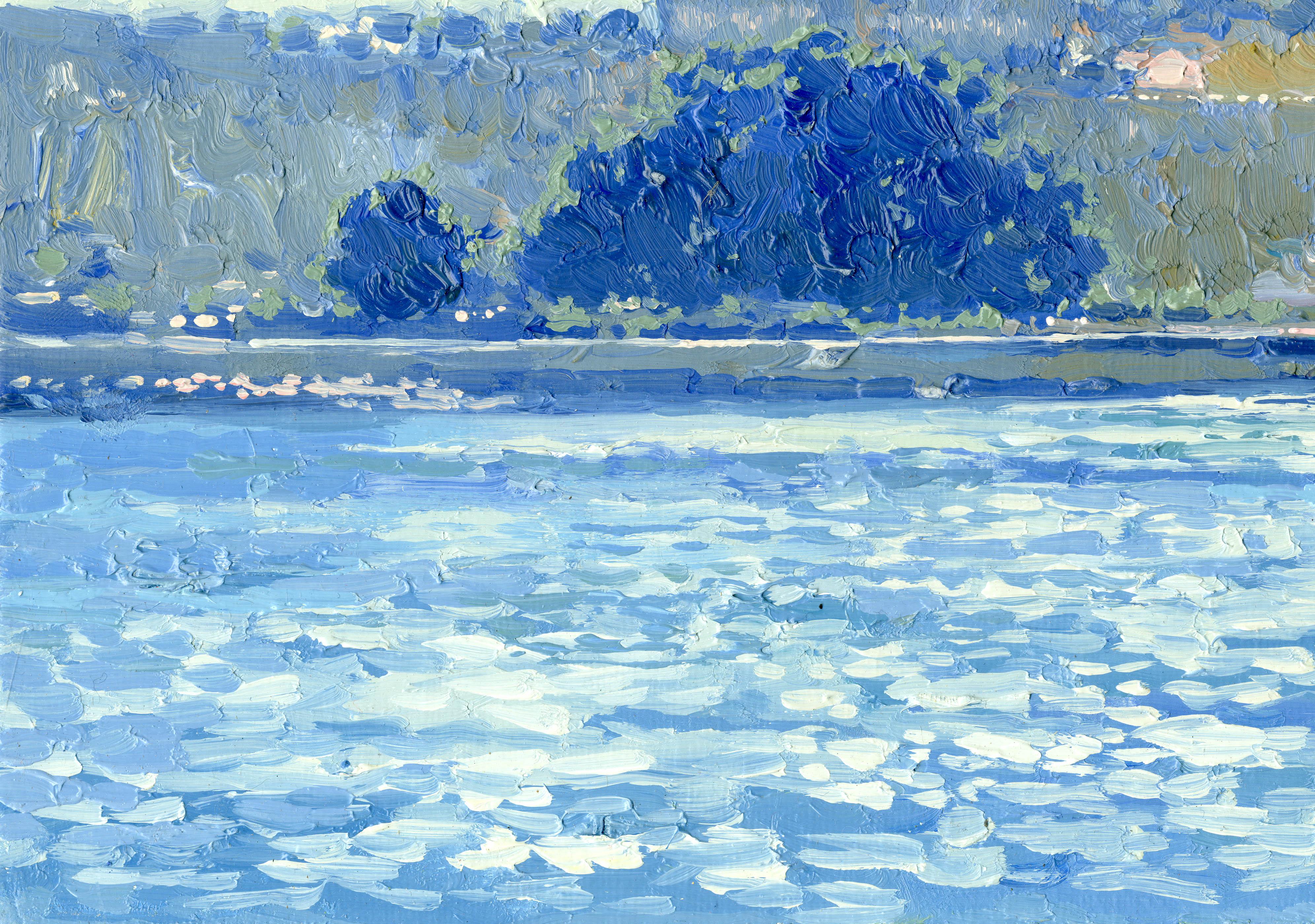 Yates en el puerto de Mandraki - Landscape Painting Azul de Simon Kozhin