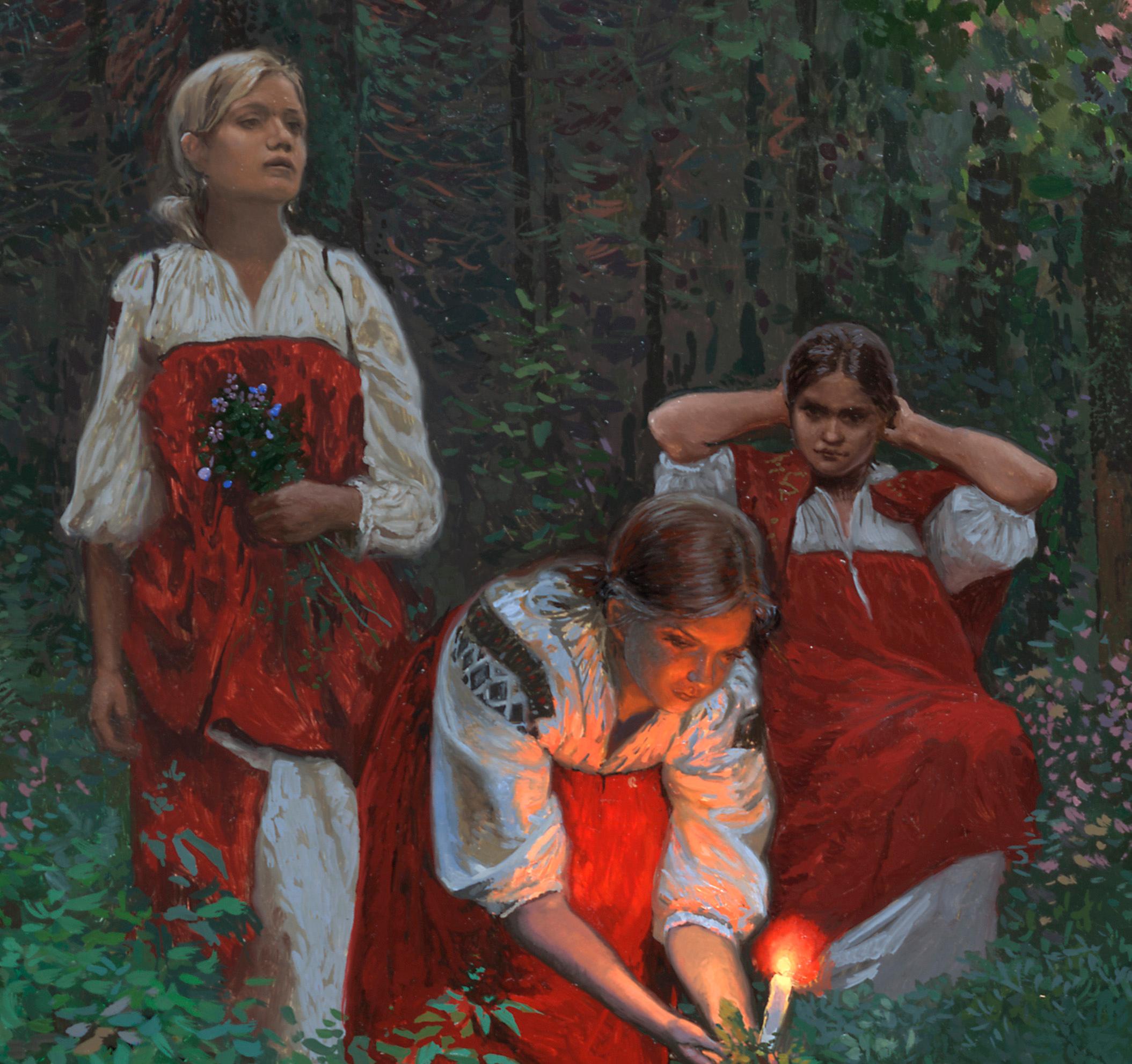 Ivan Kupala. Fortunetelling for wreaths. Figurative Canvas Print by Simon Kozhin For Sale 1