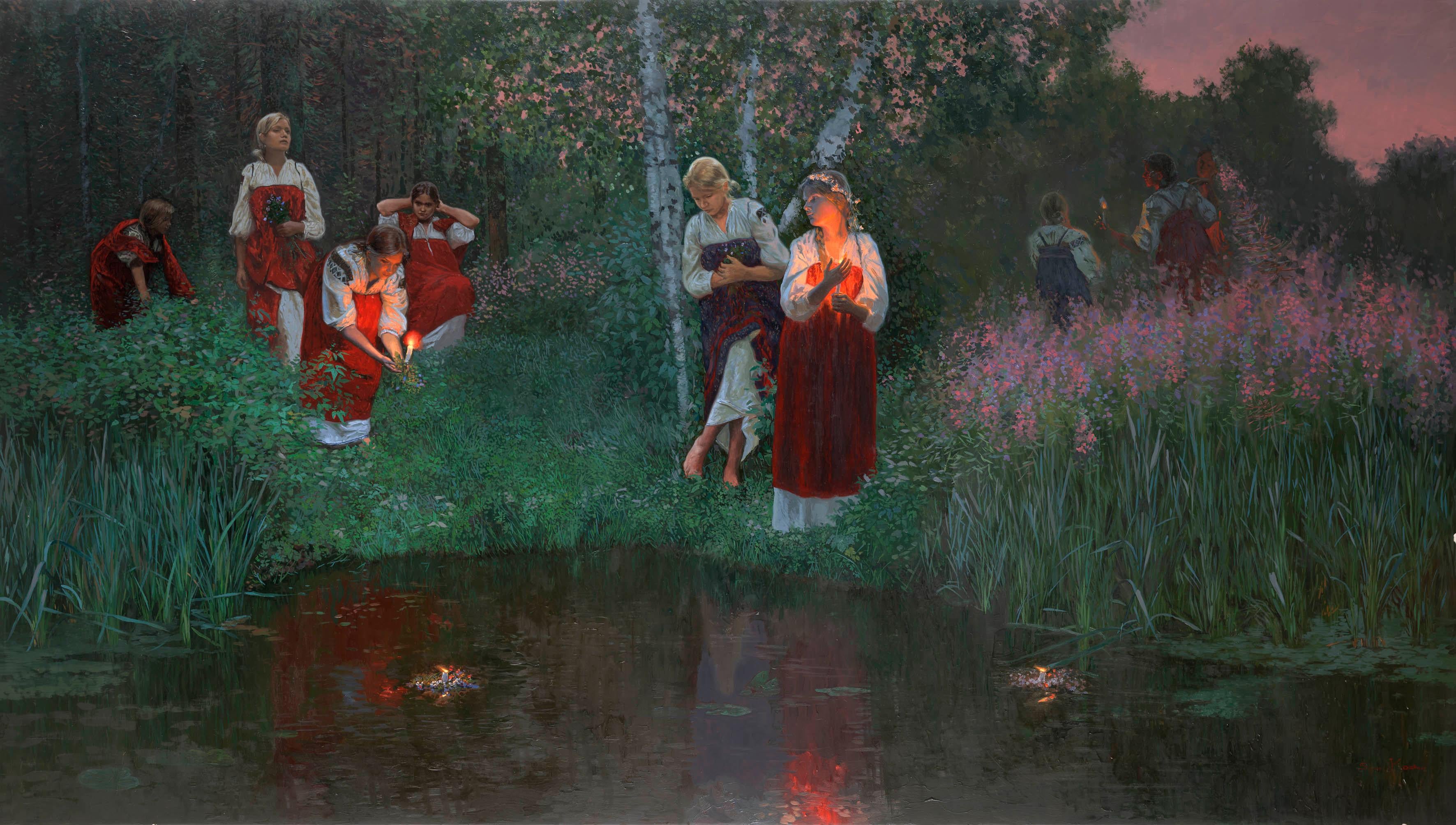 Ivan Kupala. Fortunetelling for wreaths. Figurative Canvas Print by Simon Kozhin