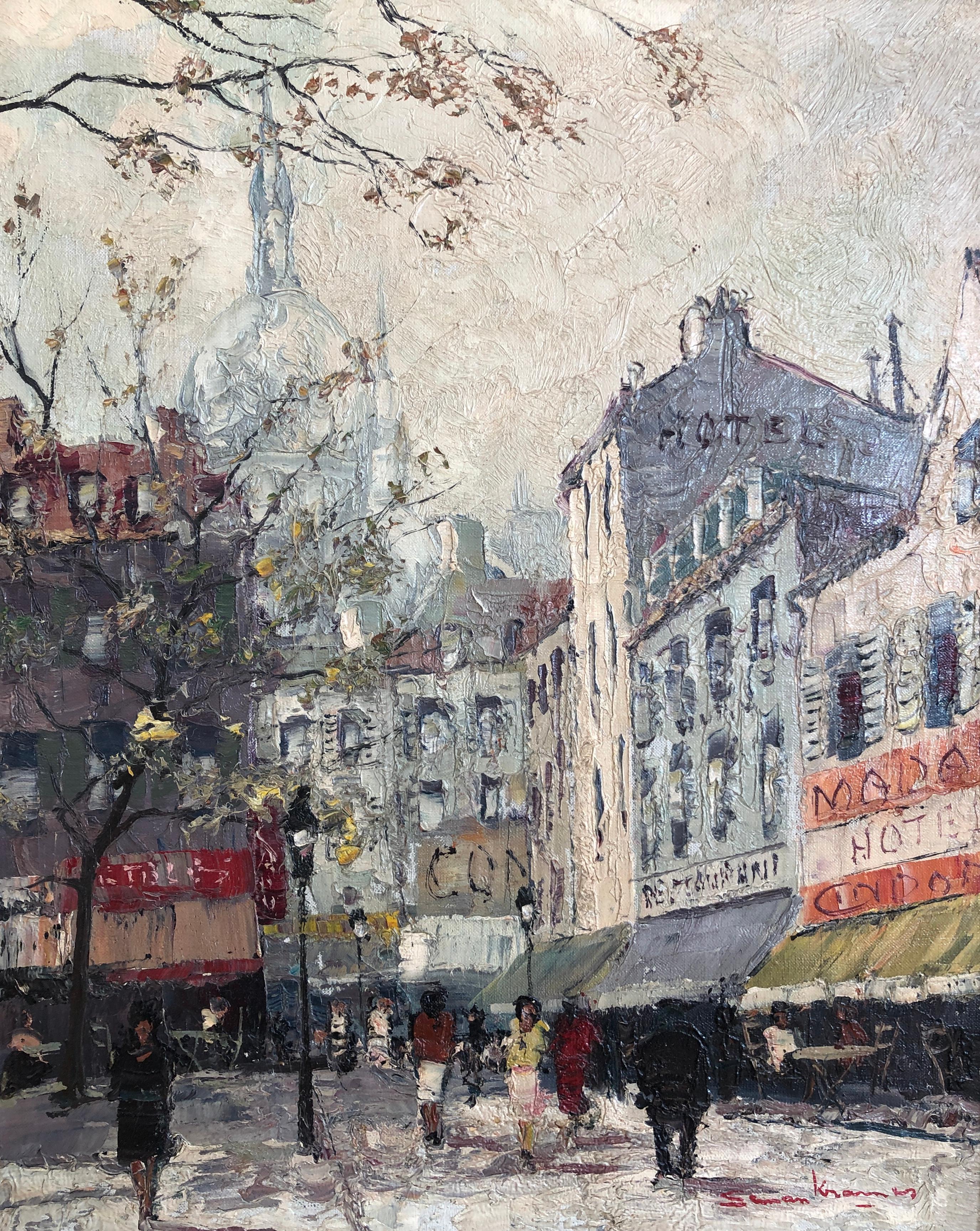 Simon Kramer Landscape Painting - Busy street in Montmartre, Paris