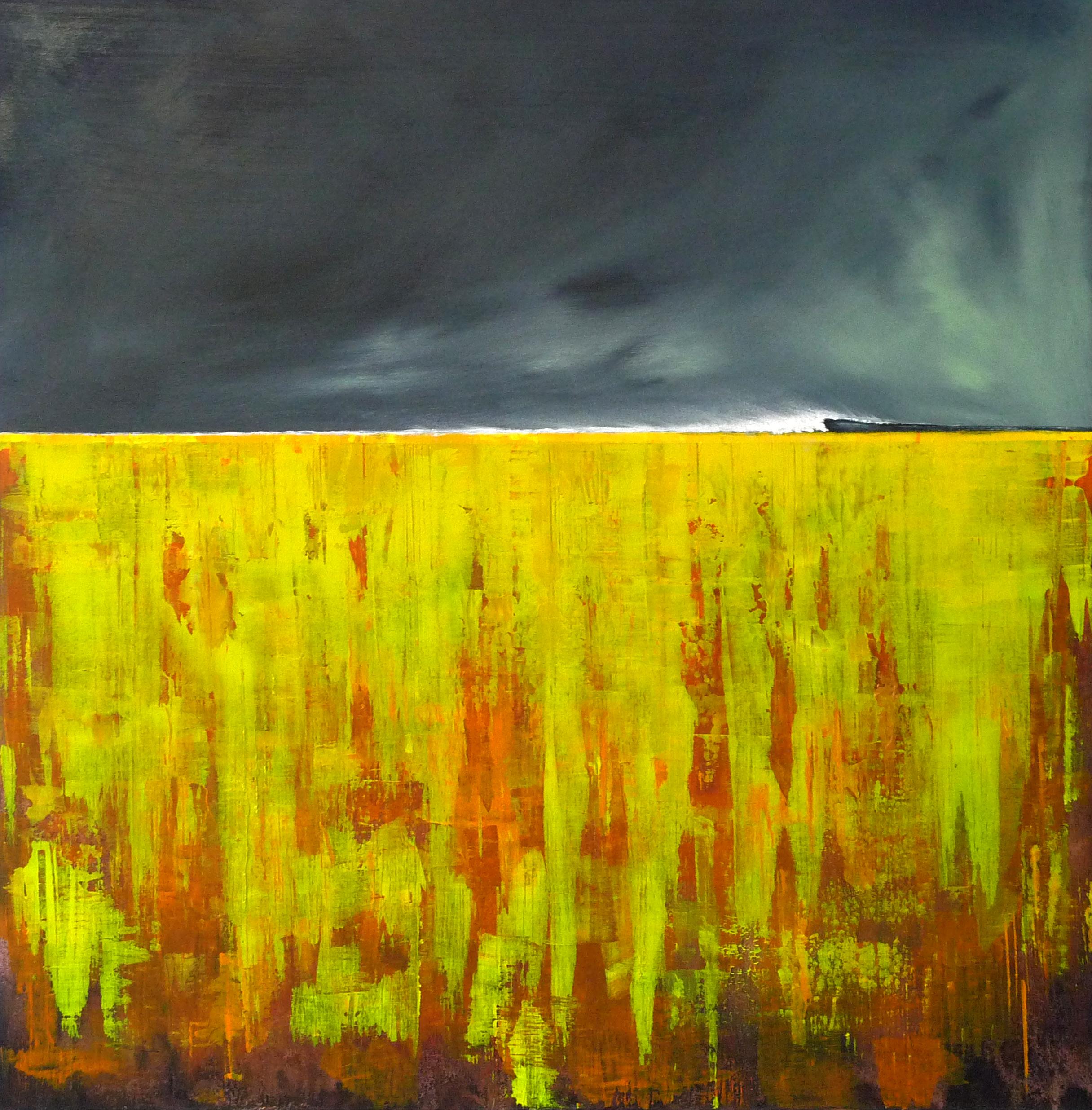 Landscape Painting de Simon Ledson - CARVEline - paisaje abstracto contemporáneo amarillo brillante lienzo en técnica mixta