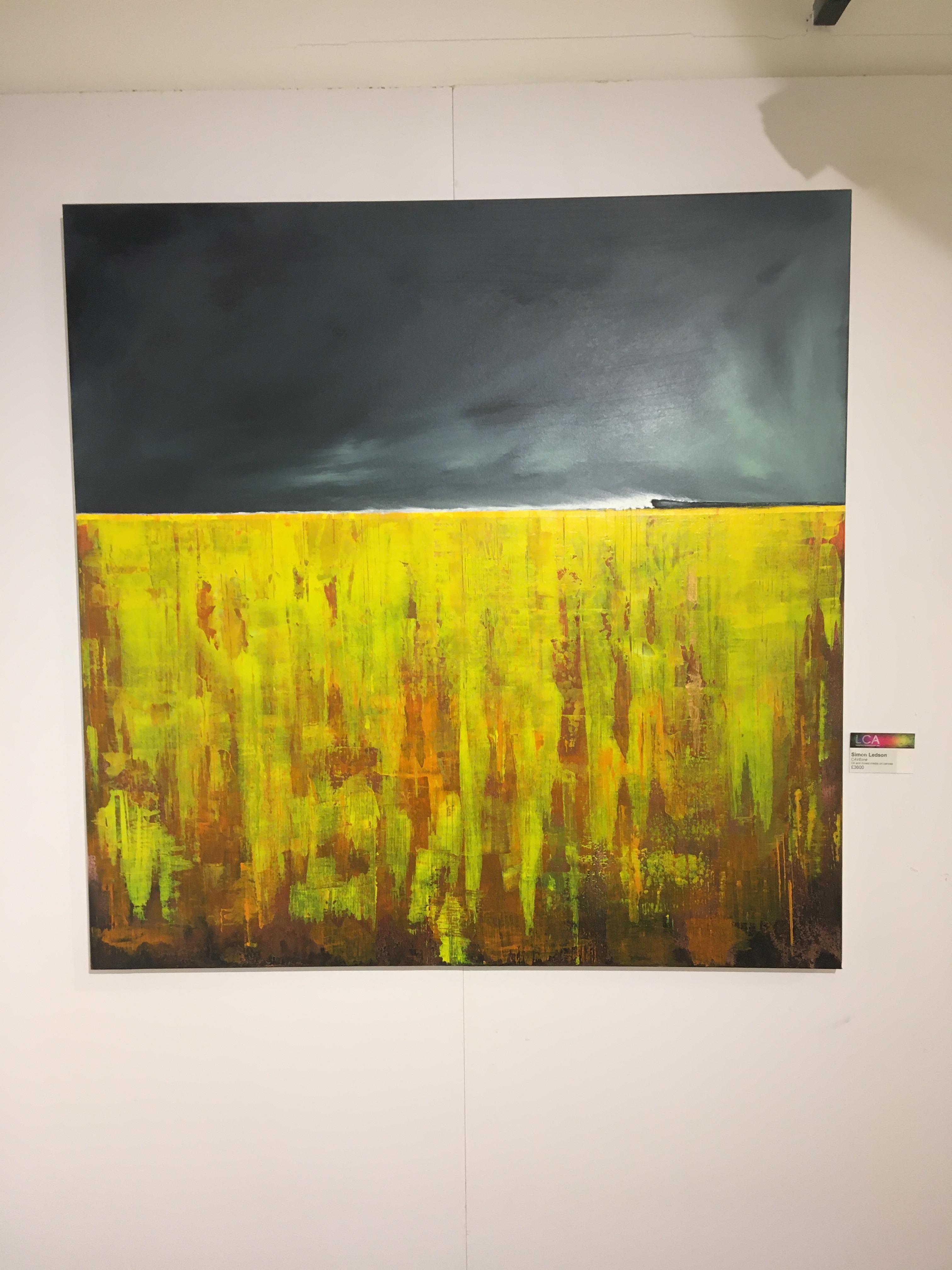 CARVEline - paysage abstrait contemporain en toile mixte jaune vif - Painting de Simon Ledson
