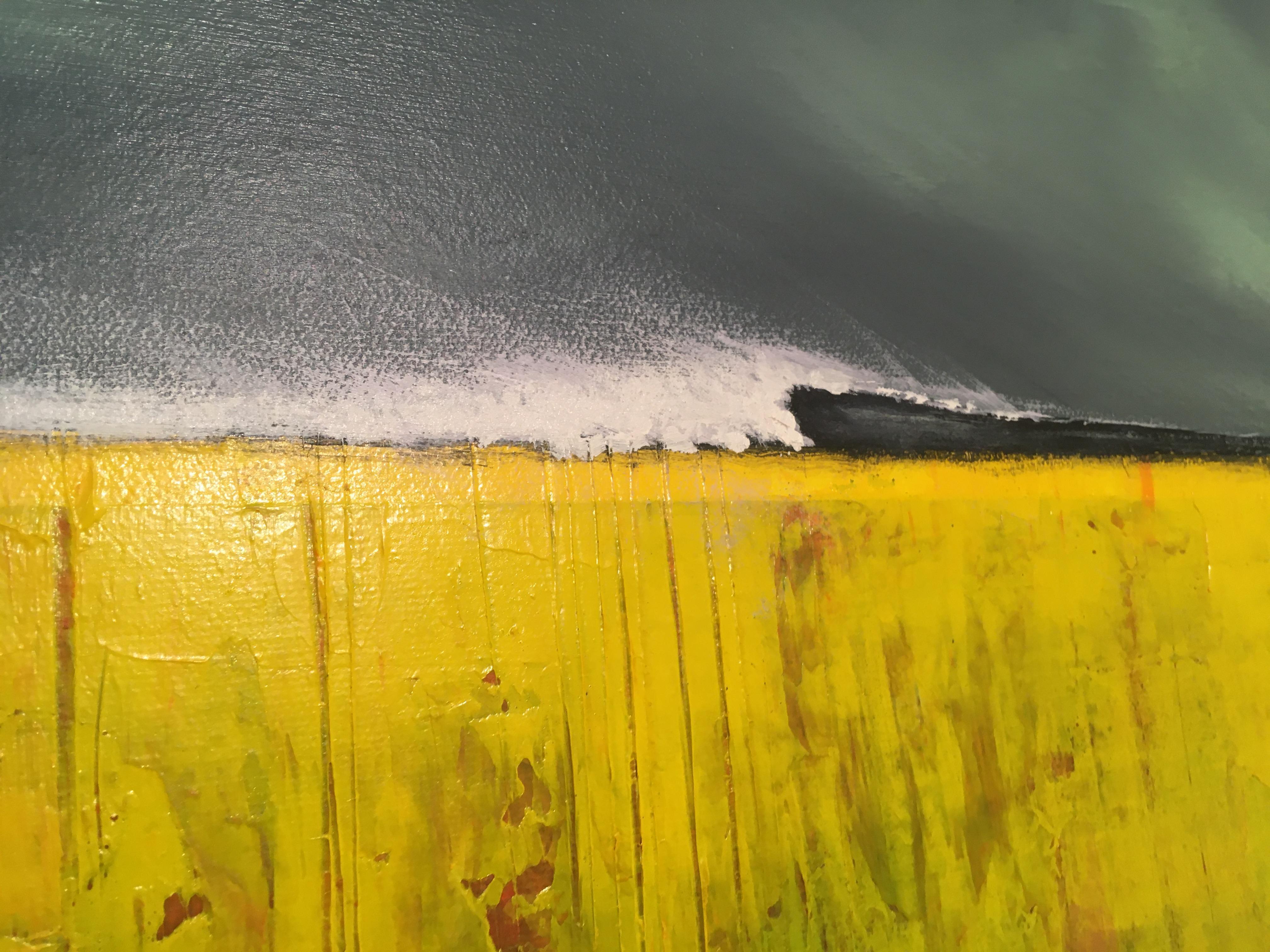 CARVEline - paysage abstrait contemporain en toile mixte jaune vif - Jaune Landscape Painting par Simon Ledson