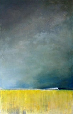 Hiriketiya-L - toile à l'huile contemporaine abstraite jaune-gris apaisant de paysage marin
