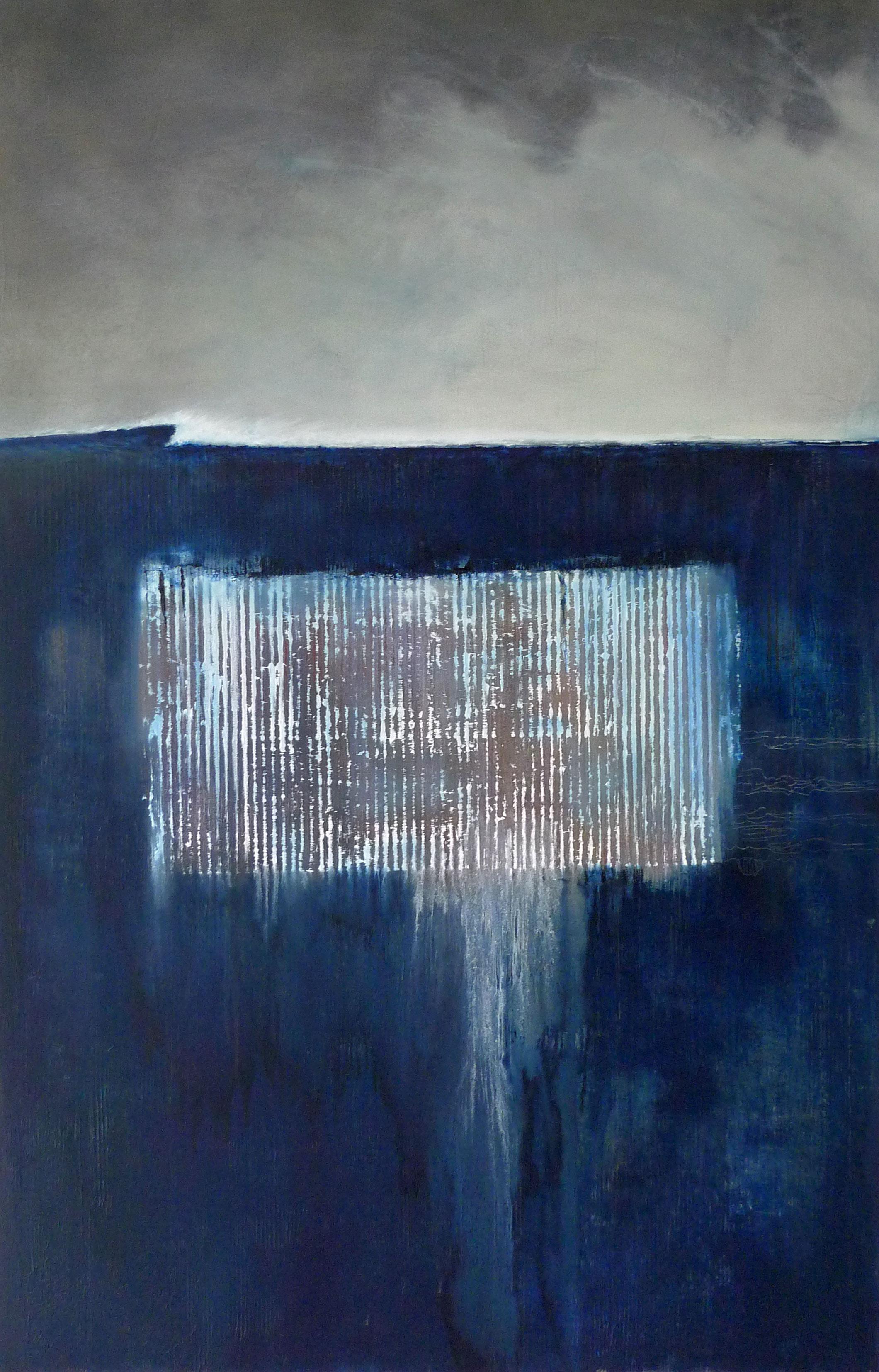 Kabalana-R - lienzo al óleo contemporáneo abstracto azul y gris de paisaje marino