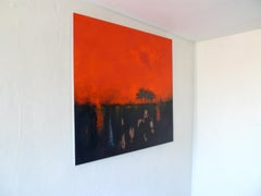 Morning Heat - tela astratta contemporanea con paesaggio di palme in tecnica mista