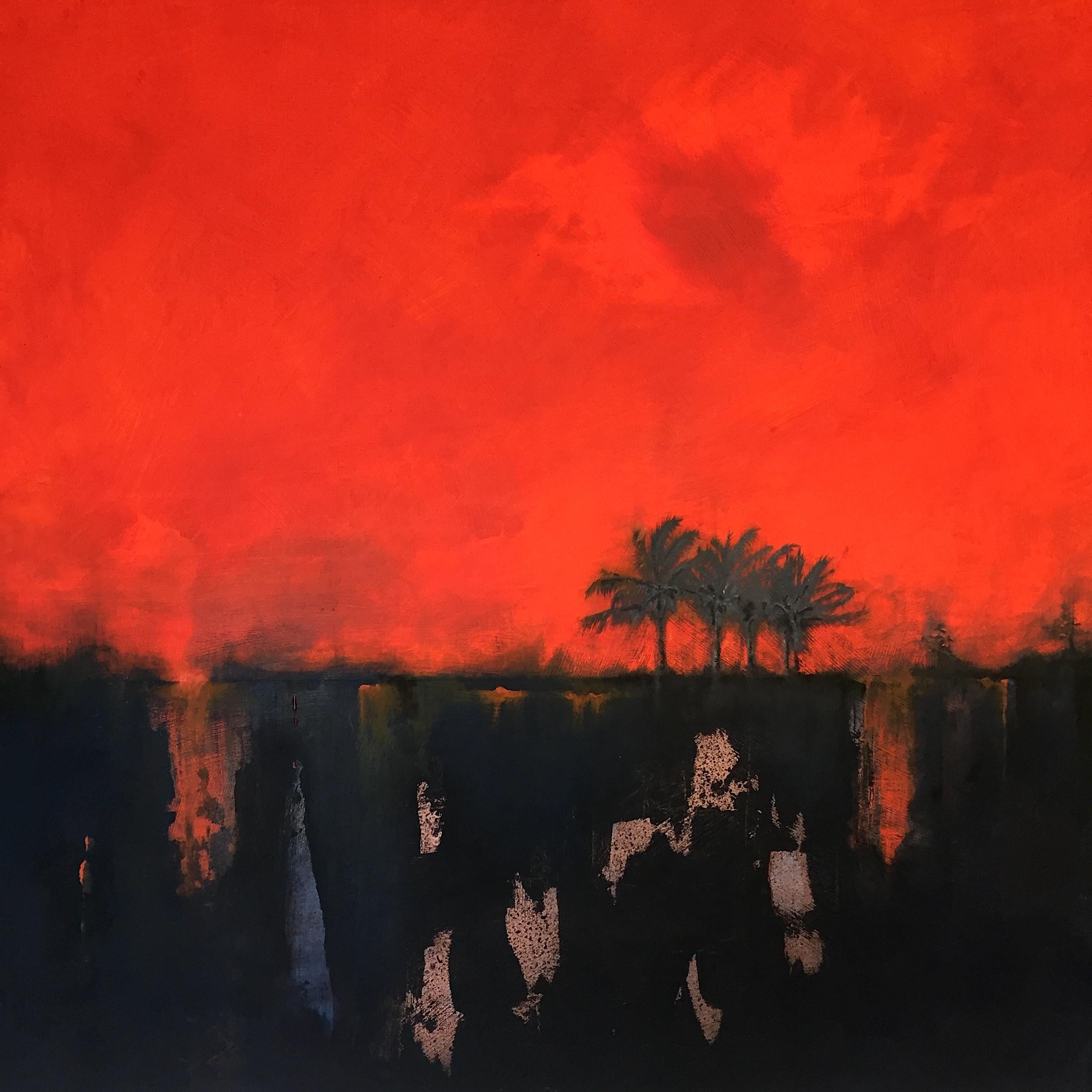Simon Ledson Abstract Painting - Morning Heat - contemporary abstract palm tree landscape mixed media canvas