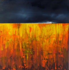 PIPEline - contemporary landscape abstract bright orange mixed media canvas
