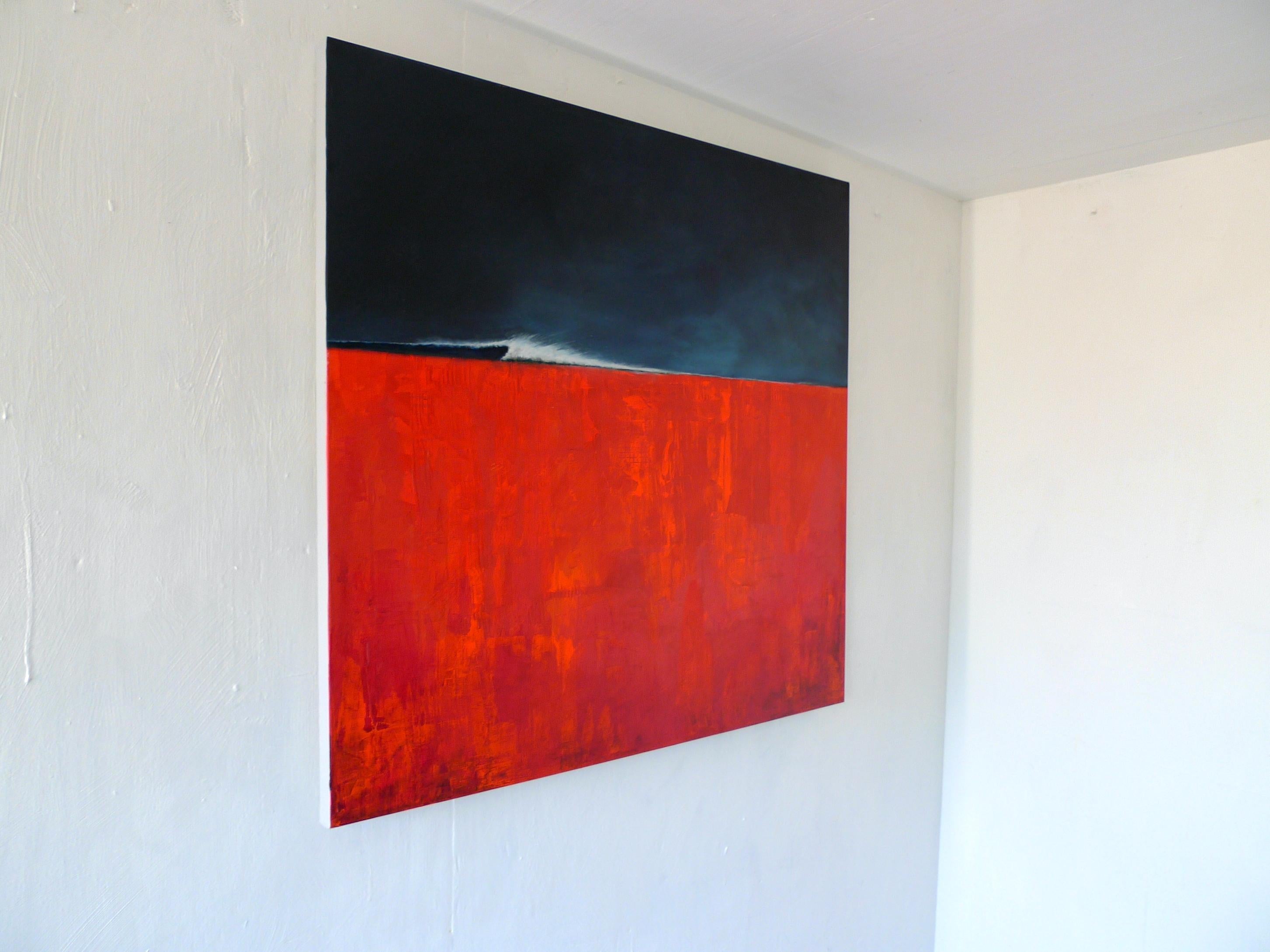 Red Right - contemporary abstract landscape red mixed media canvas - Painting by Simon Ledson