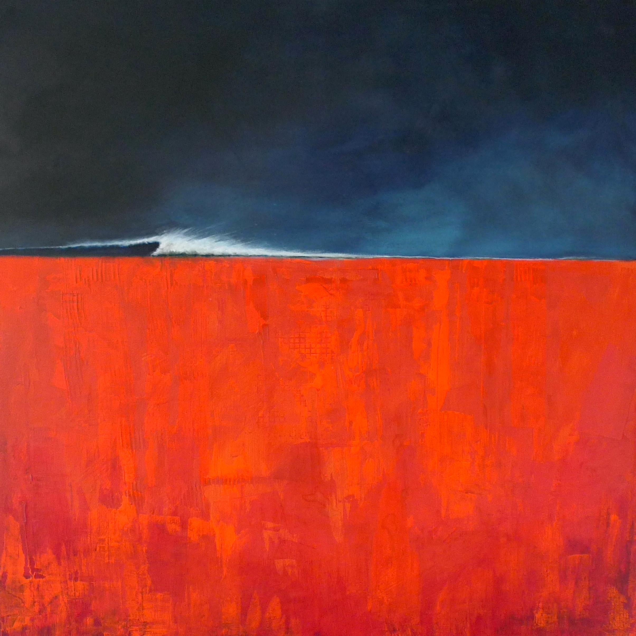 Simon Ledson Abstract Painting - Red Right - contemporary abstract landscape red mixed media canvas